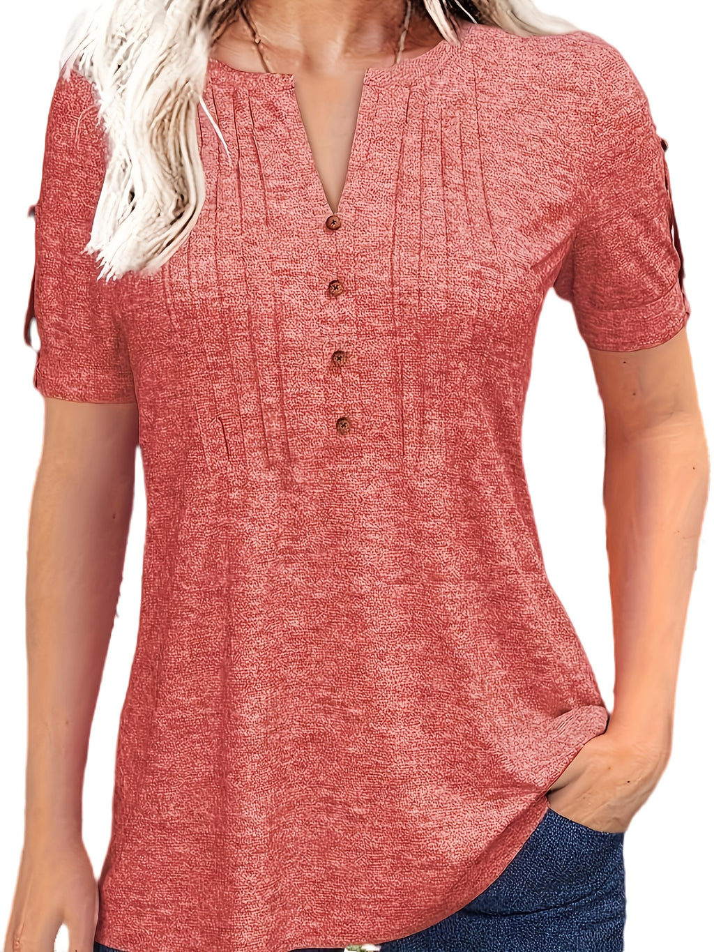 Pleated V-Neck T-Shirt Women Solid Color Short Sleeve Button-Up Casual Summer Top 60% Polyester Viscose Micro-Elastic Smooth Knit Tunic Versatile Daily Wear S-XXL