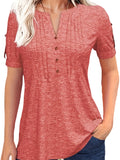 Pleated V-Neck T-Shirt Women Solid Color Short Sleeve Button-Up Casual Summer Top 60% Polyester Viscose Micro-Elastic Smooth Knit Tunic Versatile Daily Wear S-XXL