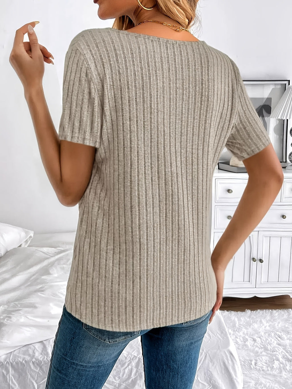 V-Neck Button Detail Ribbed Top Women Loose Short Sleeve Stretch Polyester Casual Elegant Solid Color Spring Summer Fall Top S-XXL