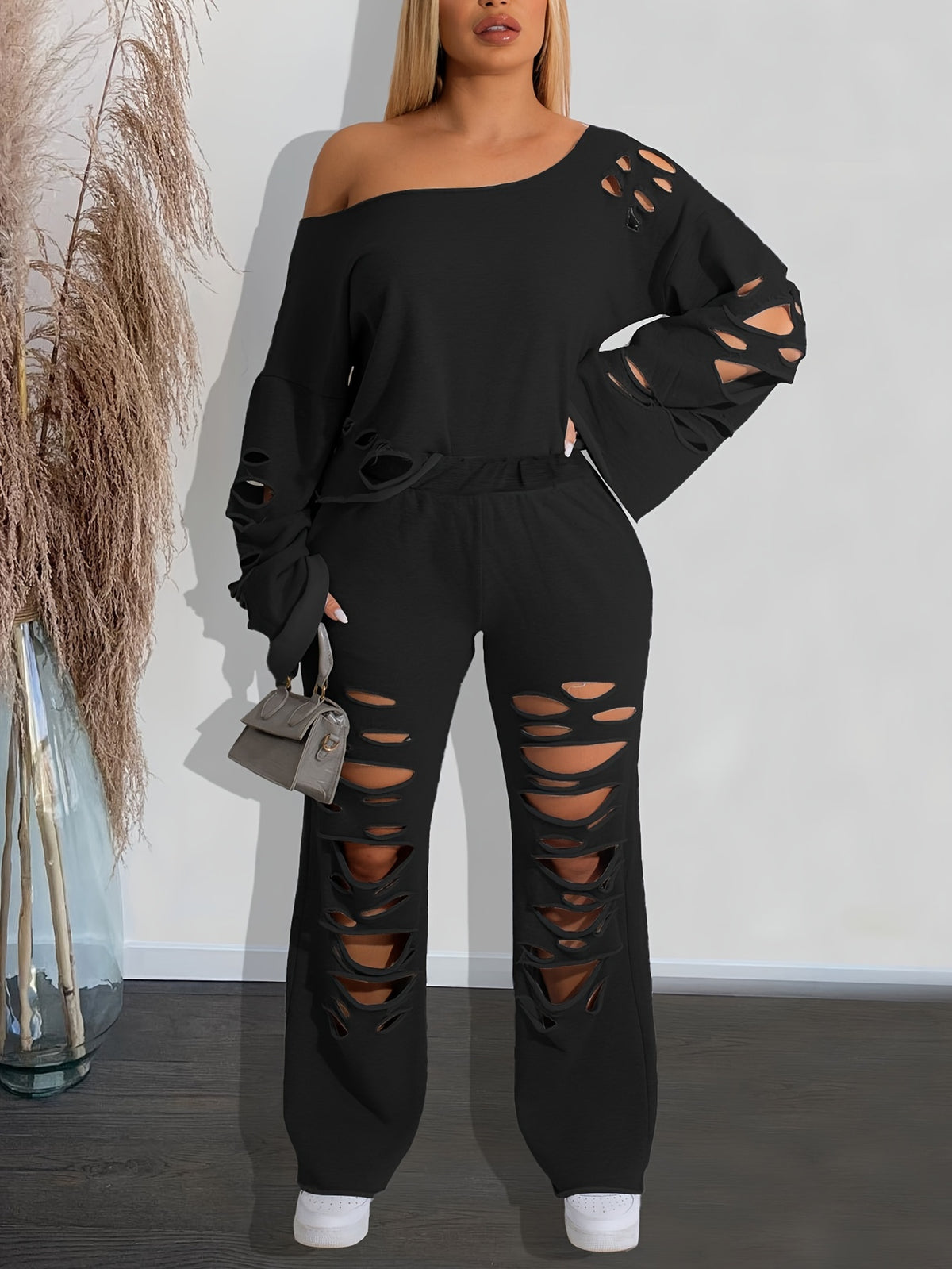 Distressed 2 Piece Set Women Off Shoulder Long Sleeve Top and Ripped Pants Streetwear Outfit - Casual Party Knit Co-ord Spring Fall