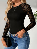 Mesh Panel Long Sleeve Slim Fit Top for Women Stretchy Contrast Mesh Round Neck Casual Spring Fall Office Party Viscose Blend Blouse