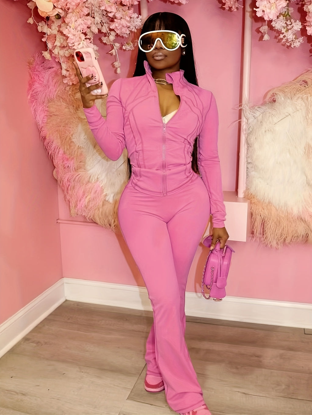 Women's 2-Piece Set Long Sleeve Top and Micro Flared Pants Sexy Casual Tight Outfit for Home and Outdoor