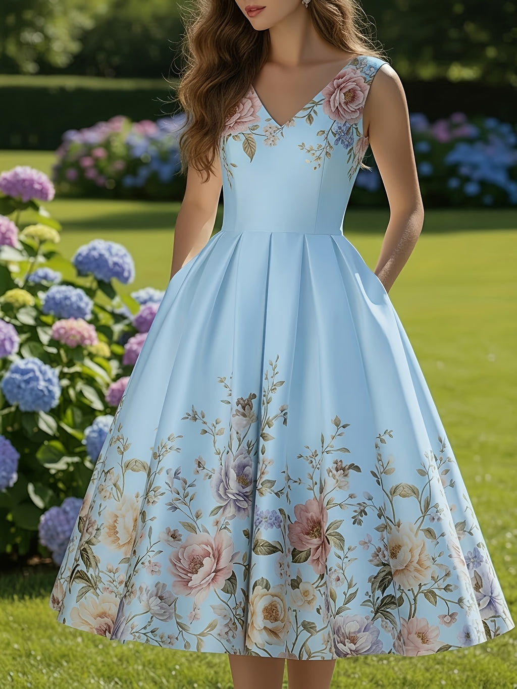 Printed Sleeveless V-Neck Dress Women Waist-Cinching Flared Skirt Elegant Spring Summer Casual Dress for Garden Party Date