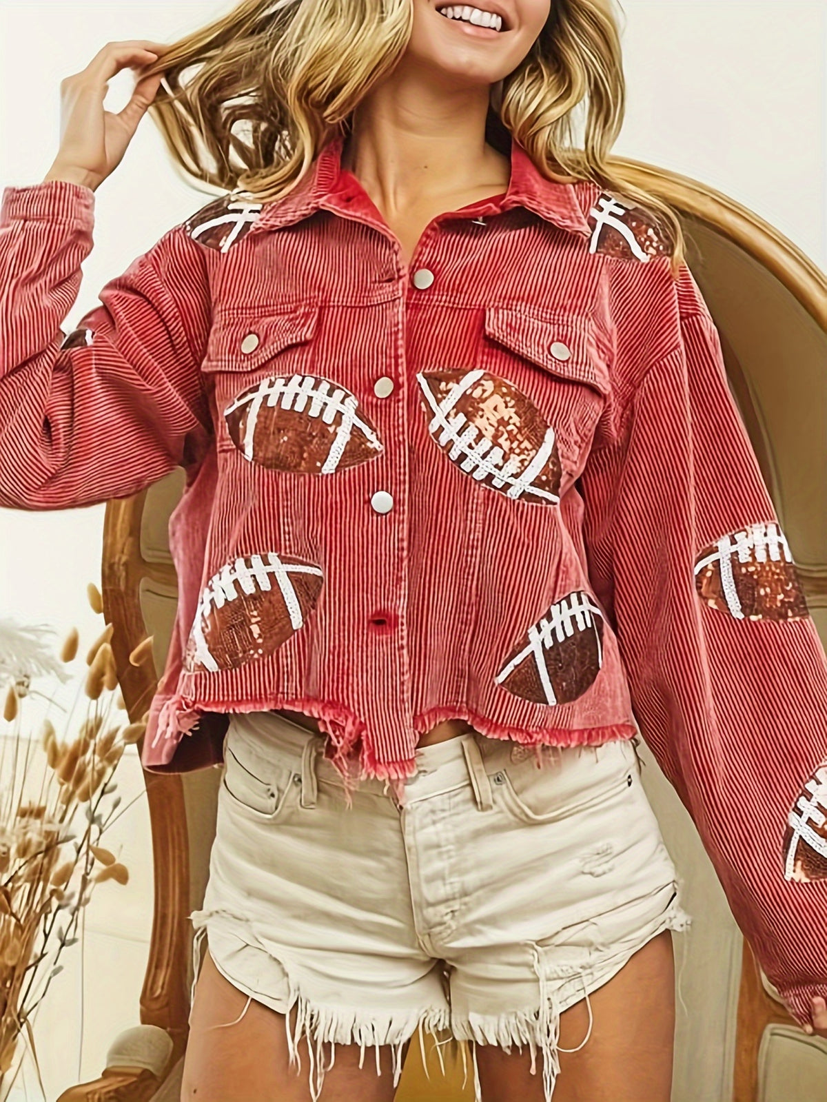 Football Sequin Cropped Corduroy Jacket Women Vintage Shacket Lapel Pockets Long Sleeve Game Day Campus Party Loose Fit