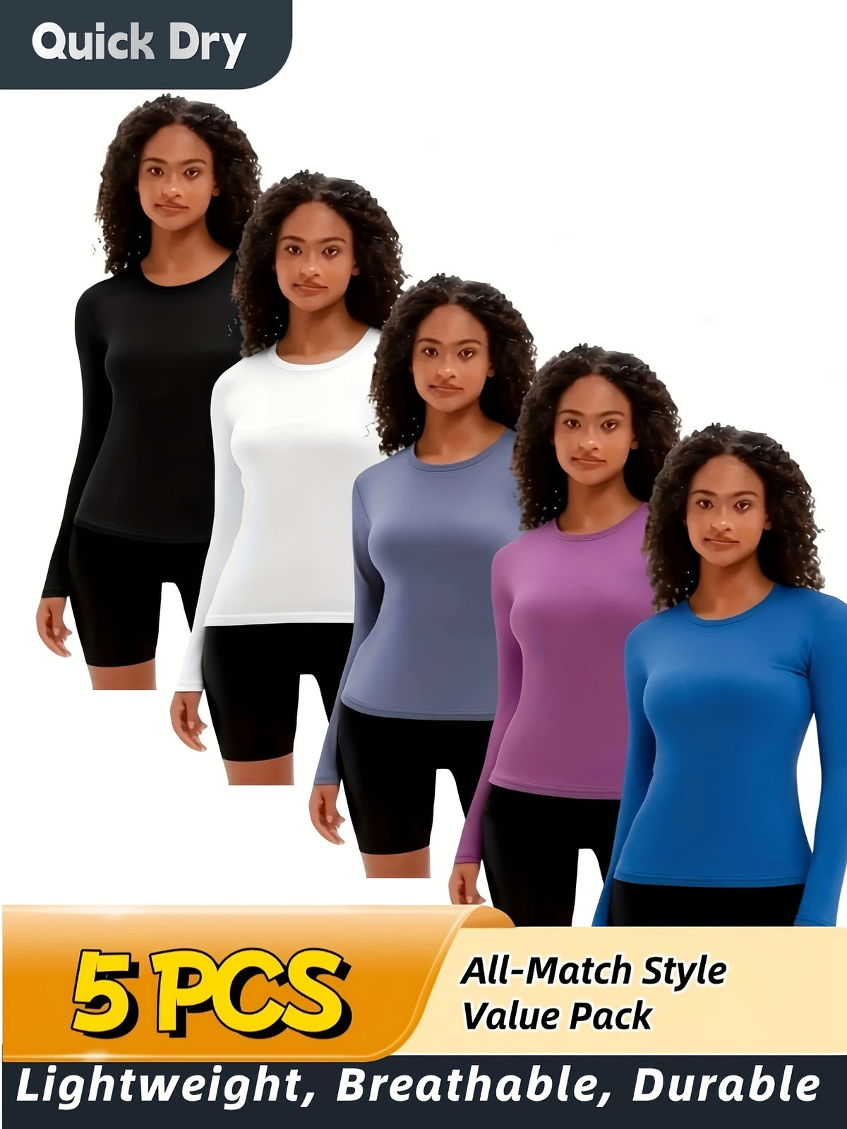 5-Pack Long Sleeve Women T-Shirts V-Neck Moisture-Wicking Breathable High Stretch Outdoor Solid Color Top Four Seasons Assorted Colors