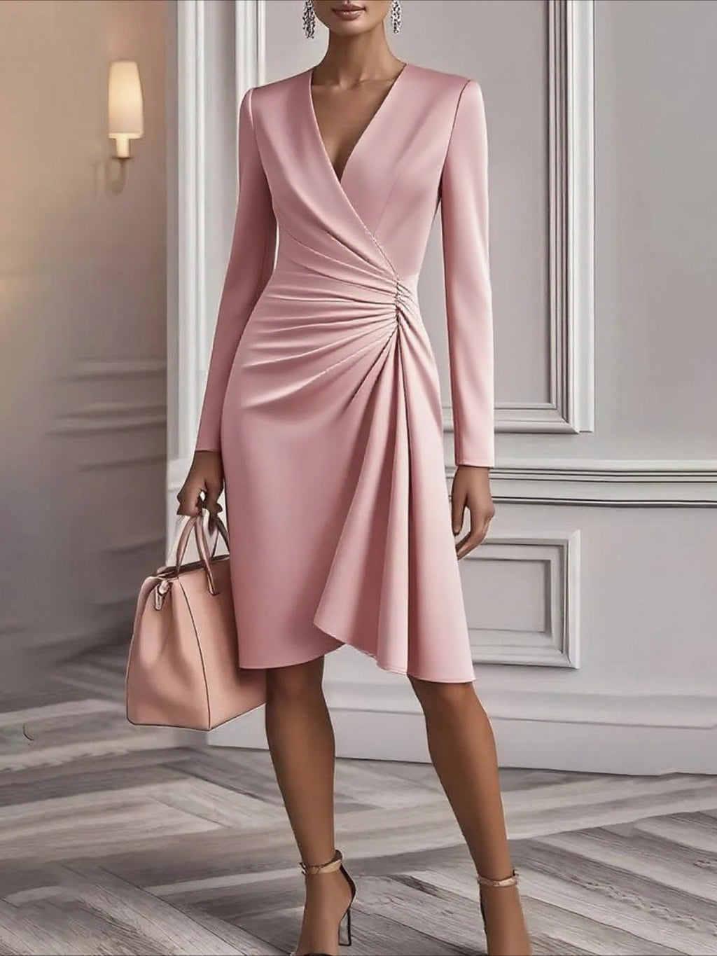 Pleated Waist V-Neck Slim Dress Women Long Sleeve Solid Color Waist-Cinching Elegant Work Party Daily Spring Fall Dress S-XXL