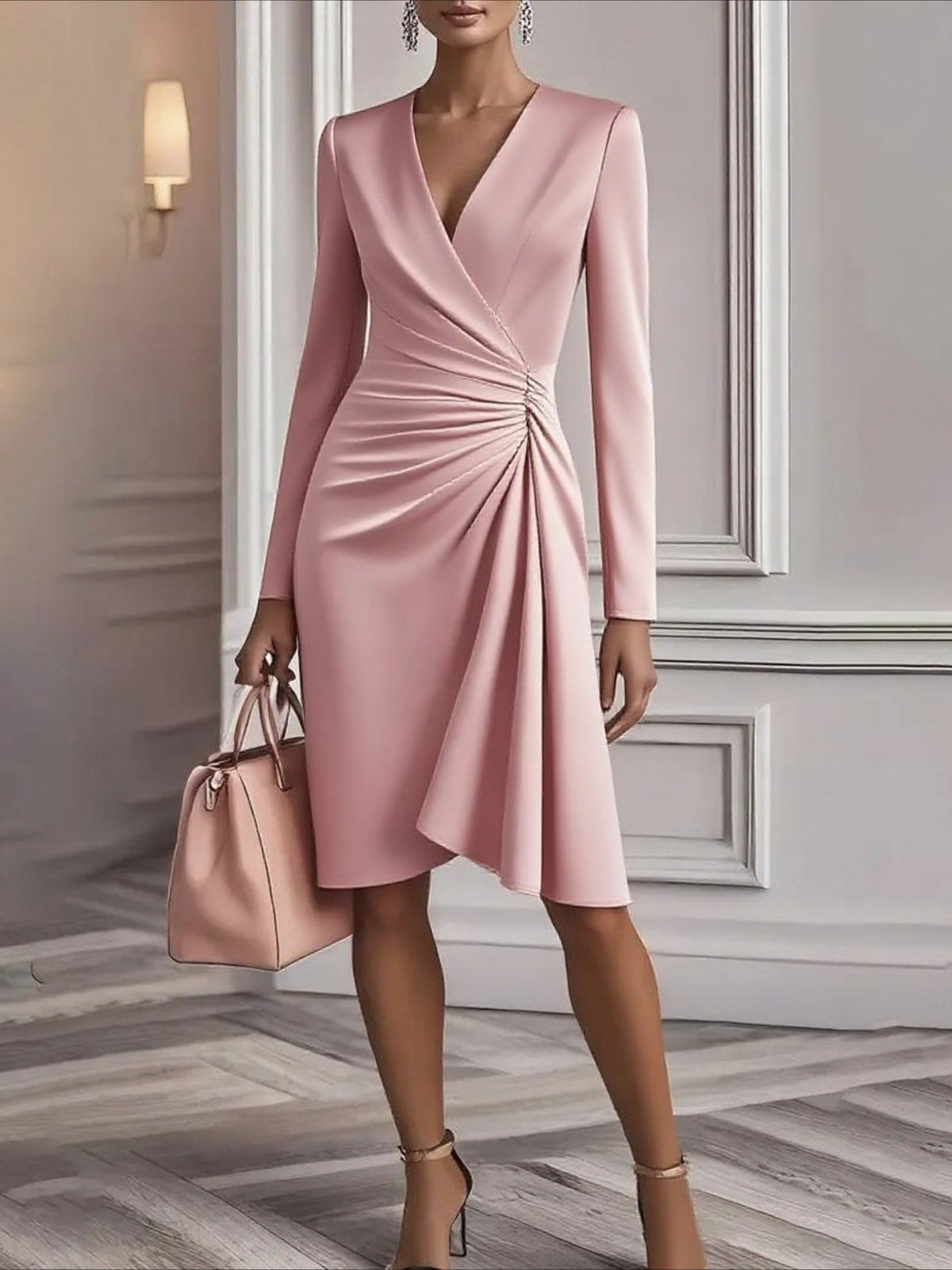 Pleated Waist V-Neck Slim Dress Women Long Sleeve Solid Color Waist-Cinching Elegant Work Party Daily Spring Fall Dress S-XXL