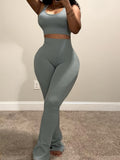 Women's 2pcs Crop Tank Top & High Waist Wide-Leg Flare Pants Set Casual Spring Summer Knit Stretchy Outfit