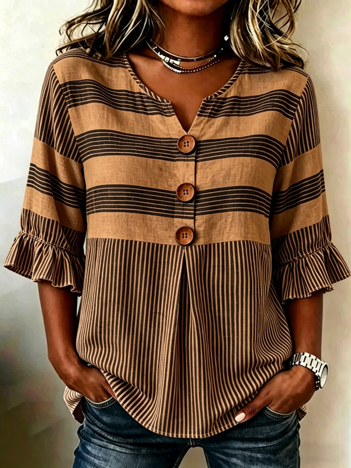Striped V-Neck Blouse Women Ruffle 3/4 Sleeve Loose Fit Tunic Top Lightweight Linen Button Detail Summer Shirt S-2XL