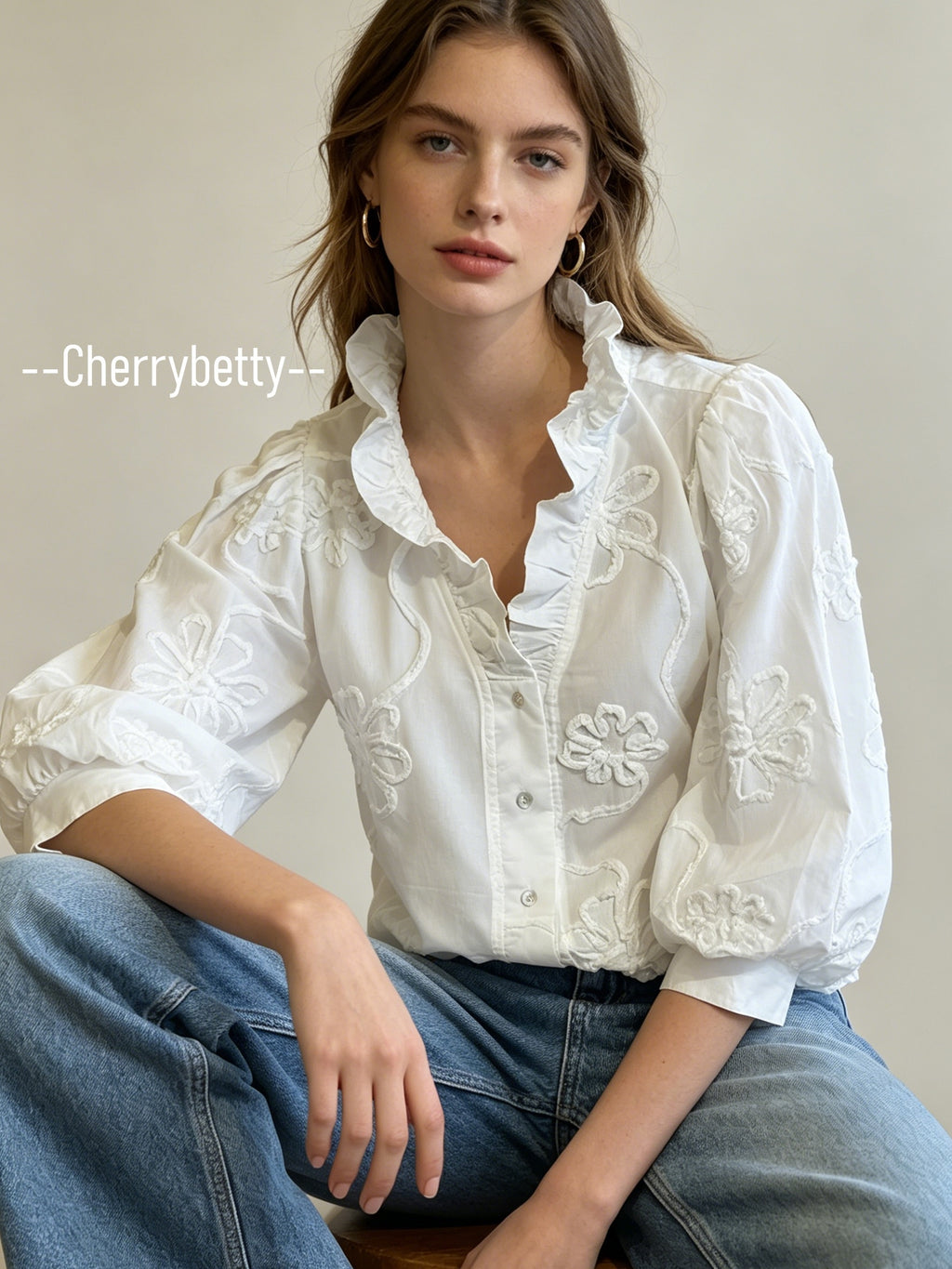 3D Flower Embroidered Puff Sleeve Blouse Women Ruffle Neck Elegant Top | Chic Party Shirt Summer Easter St. Patrick's Day Outfit White Pink S-XXL