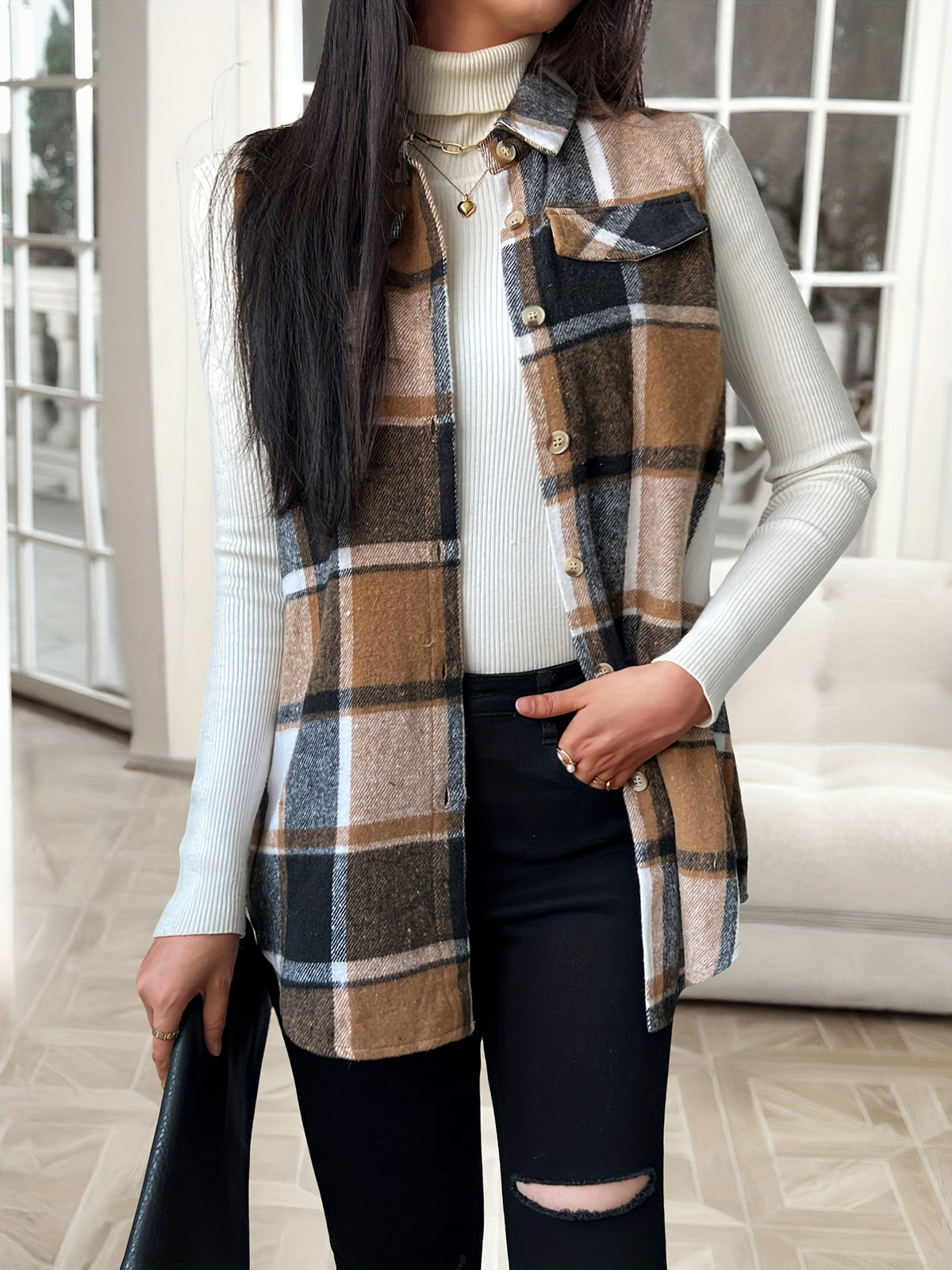 Plaid Lapel Vest Jacket Women Casual Suede Sleeveless Outerwear Fall Winter Layering