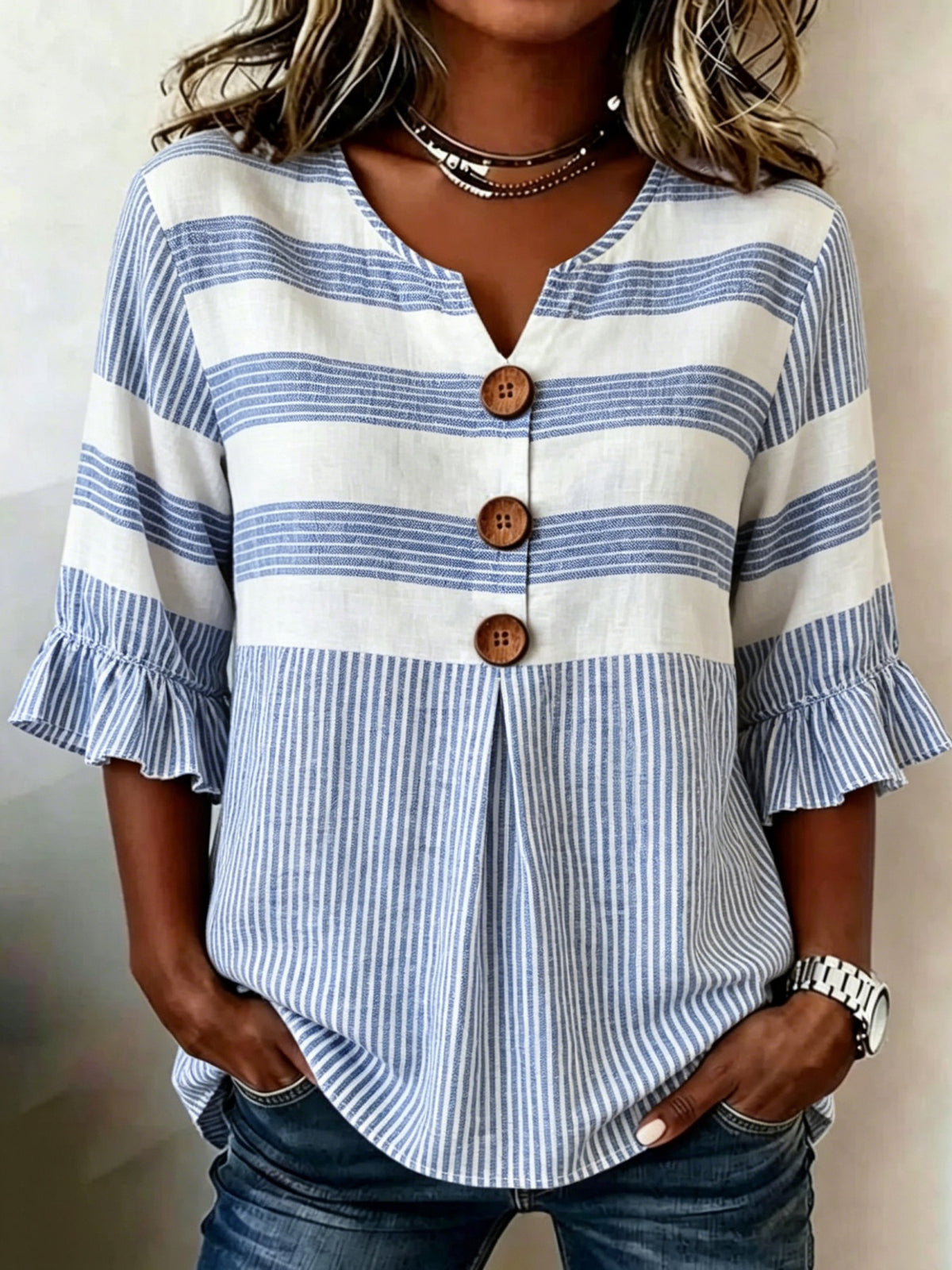 Striped V-Neck Blouse Women Ruffle 3/4 Sleeve Loose Fit Tunic Top Lightweight Linen Button Detail Summer Shirt S-2XL