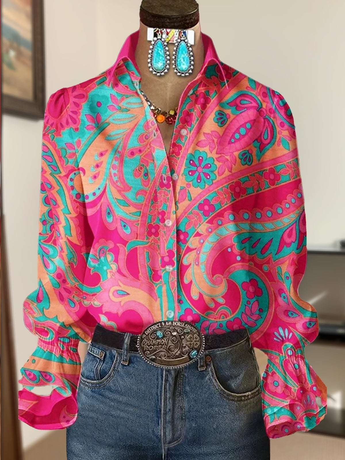 Paisley Print Lantern Sleeve Blouse Women Boho Chic Summer Top Hot Pink Teal Multicolor Party Shirt S-XL