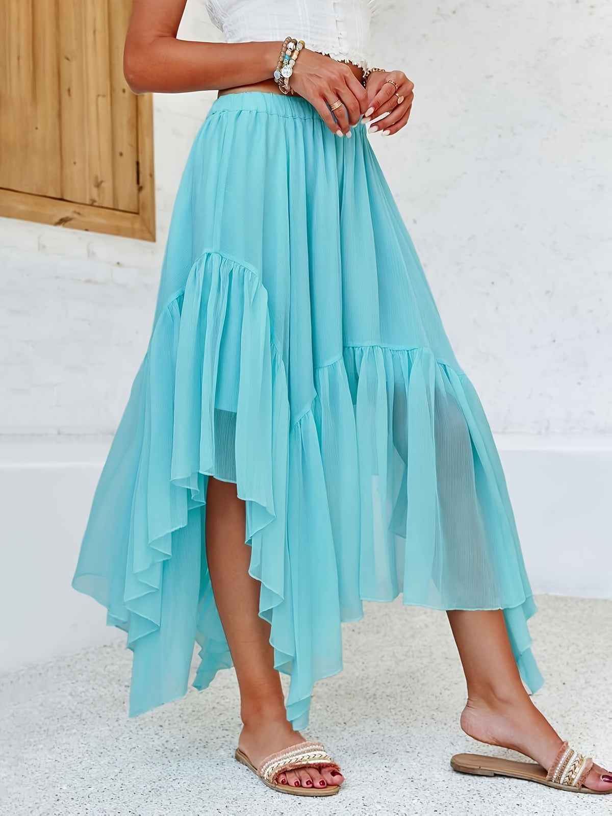 Boho Maxi Skirt for Women Asymmetric High Low Hem Flowy Long Skirt Summer Casual Bohemian Solid Color Woven Beige Black Navy Green S-XL