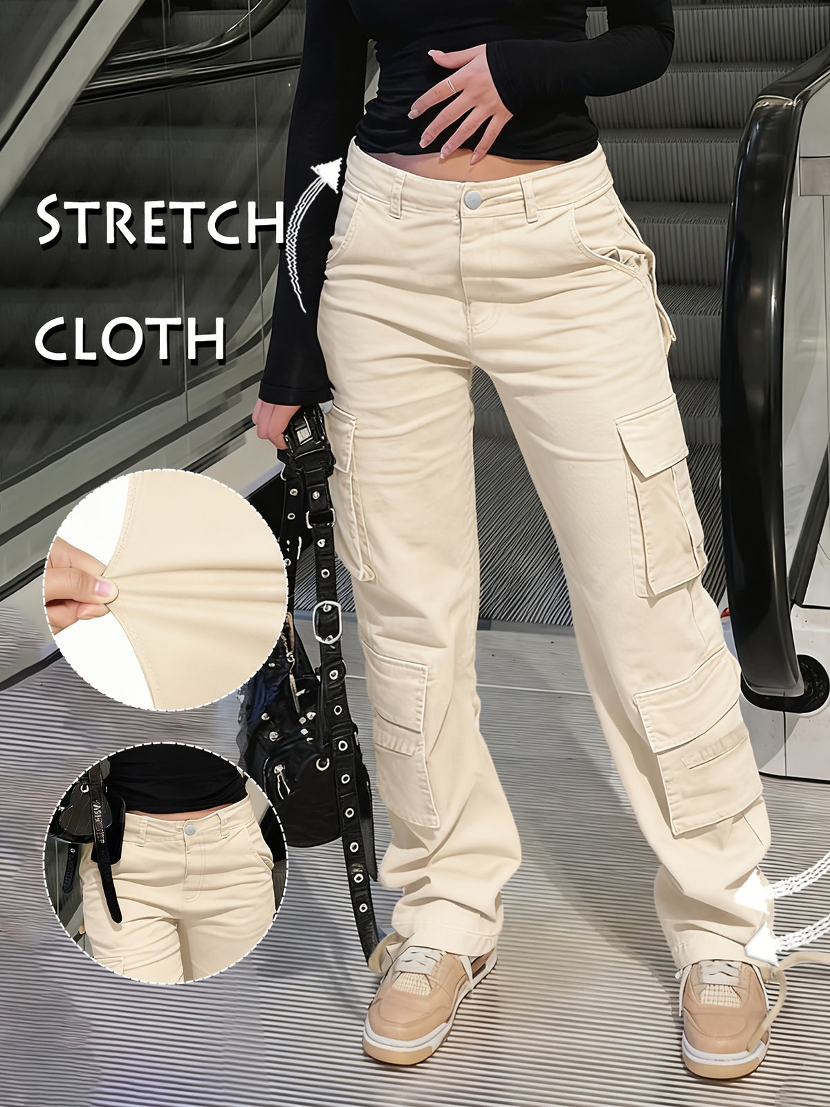 Y2K Retro Wash Women's Work Pants Multi-Pocket Casual Straight Leg Khaki Black Gray S-XXL