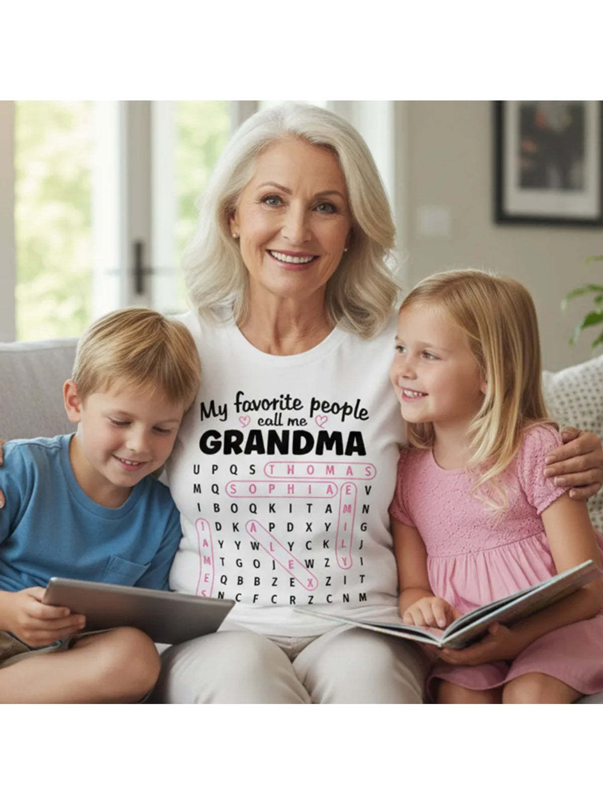 Grandma Favorite People Word Search Puzzle Personalized Long Sleeve Shirt Vintage Geometric Print