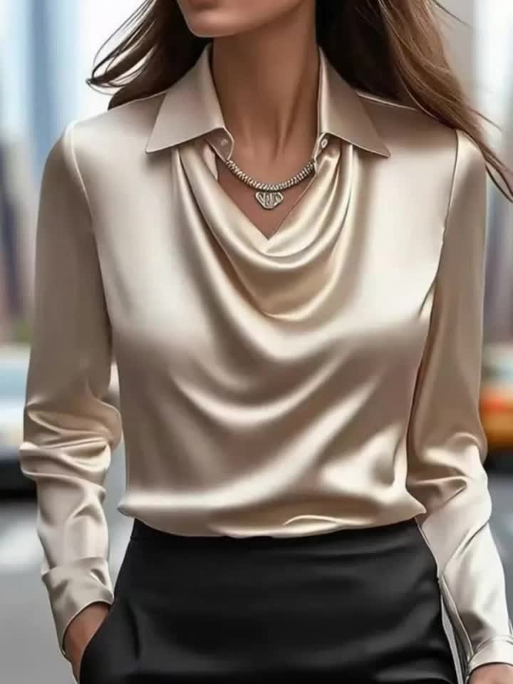 Women's Champagne Cowl-Neck Satin Blouse Silky Lapel Elegant Office Work Business Casual Top Fall Winter