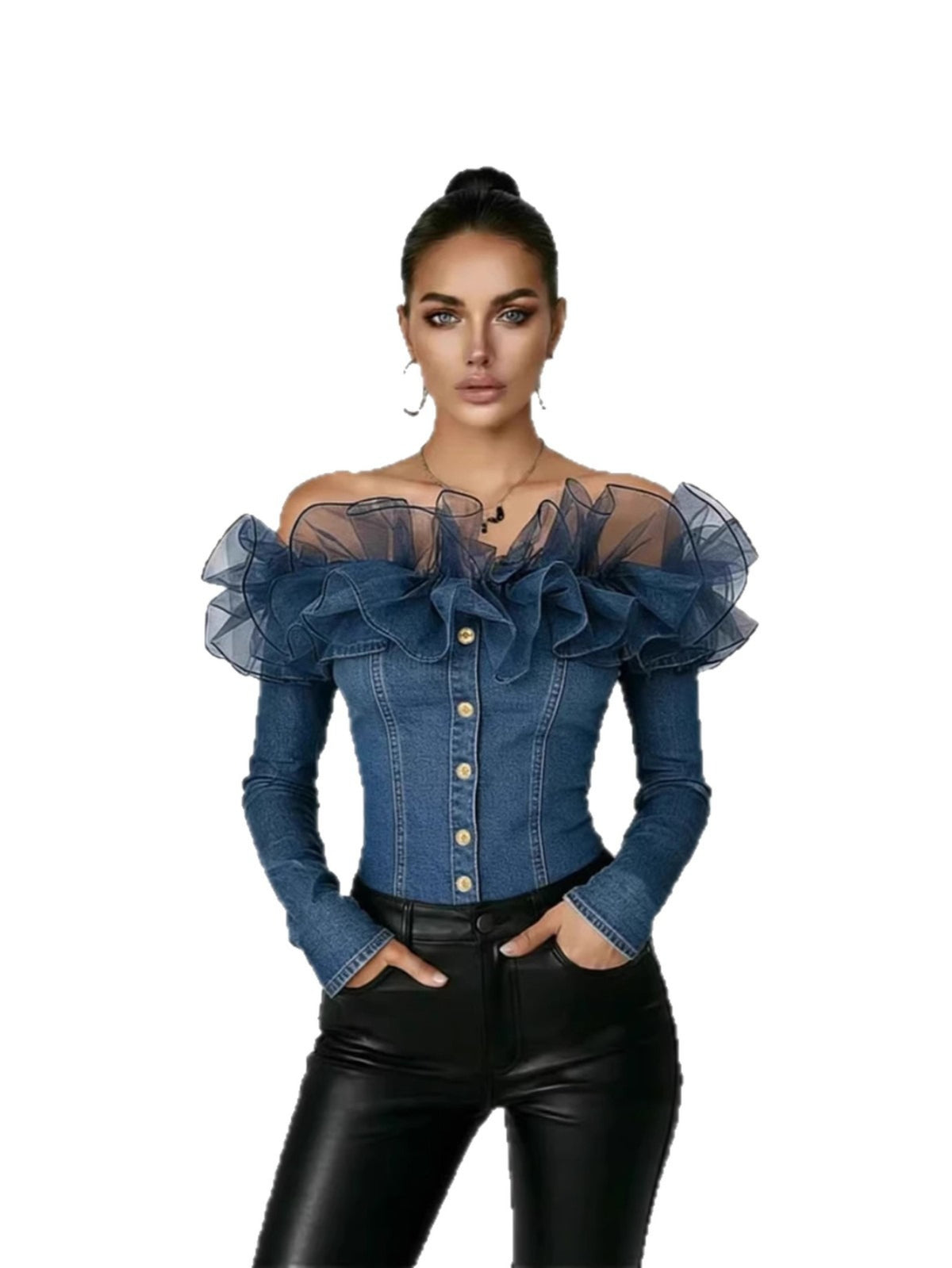 Off Shoulder Denim Top Women Navy Blue Ruffle Long Sleeve Button Closure S-XXL