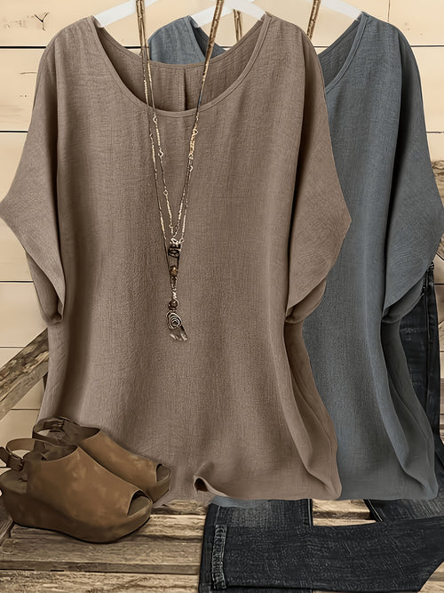 Batwing Sleeve Shirt Women 2pcs Casual Solid Color Round Neck Loose Fit Vacation Top Oversized Blouse Spring Summer Lightweight Everyday Wear