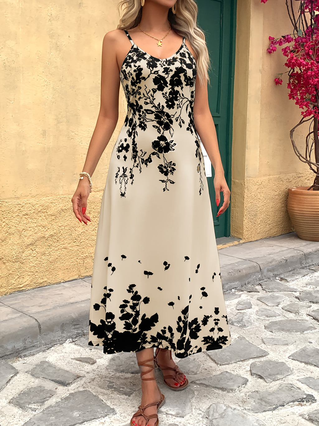 Floral Tropical Print Maxi Dress Women V Neck Spaghetti Strap Summer Vacation Beach Holiday Long Dress Elegant S-XXL