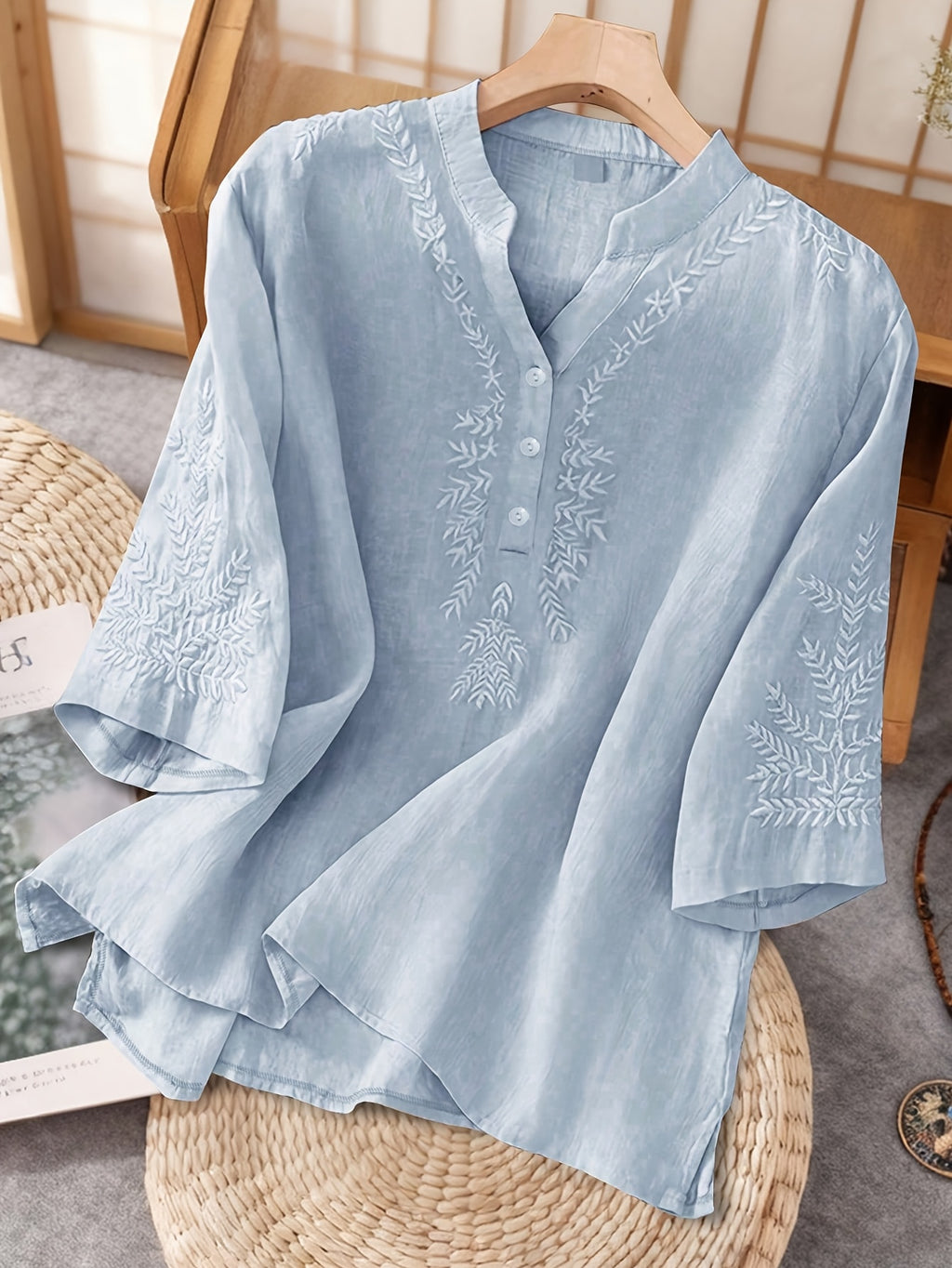 Solid Color Embroidered Loose Top Women Casual Flowy Lightweight Spring Summer Everyday Blouse Shirt for Women