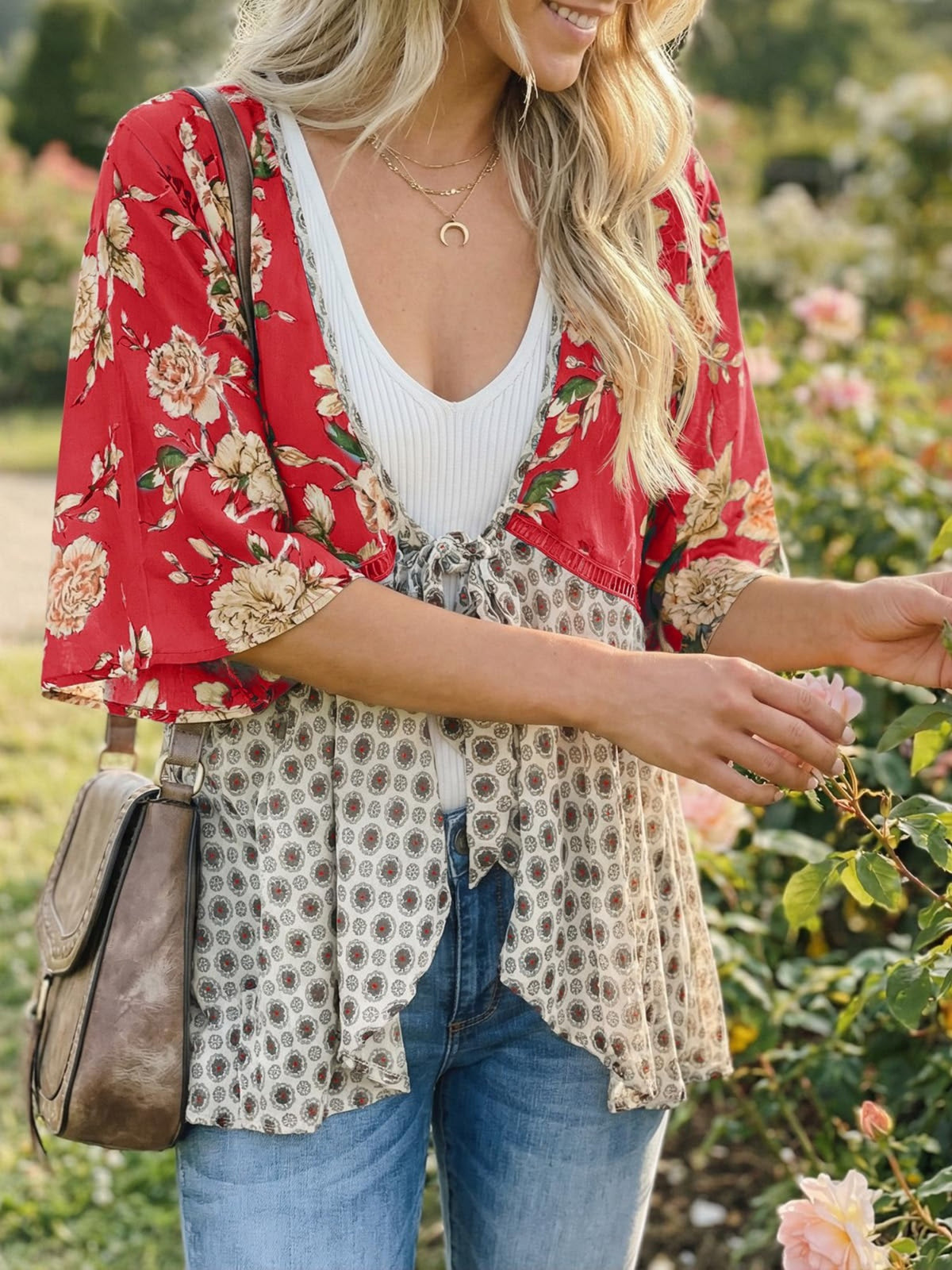 Floral Kimono Cardigan for Women – 3/4 Ruffle Sleeve Lightweight Patchwork Boho Tie Flowy Loose Cover-Up Top