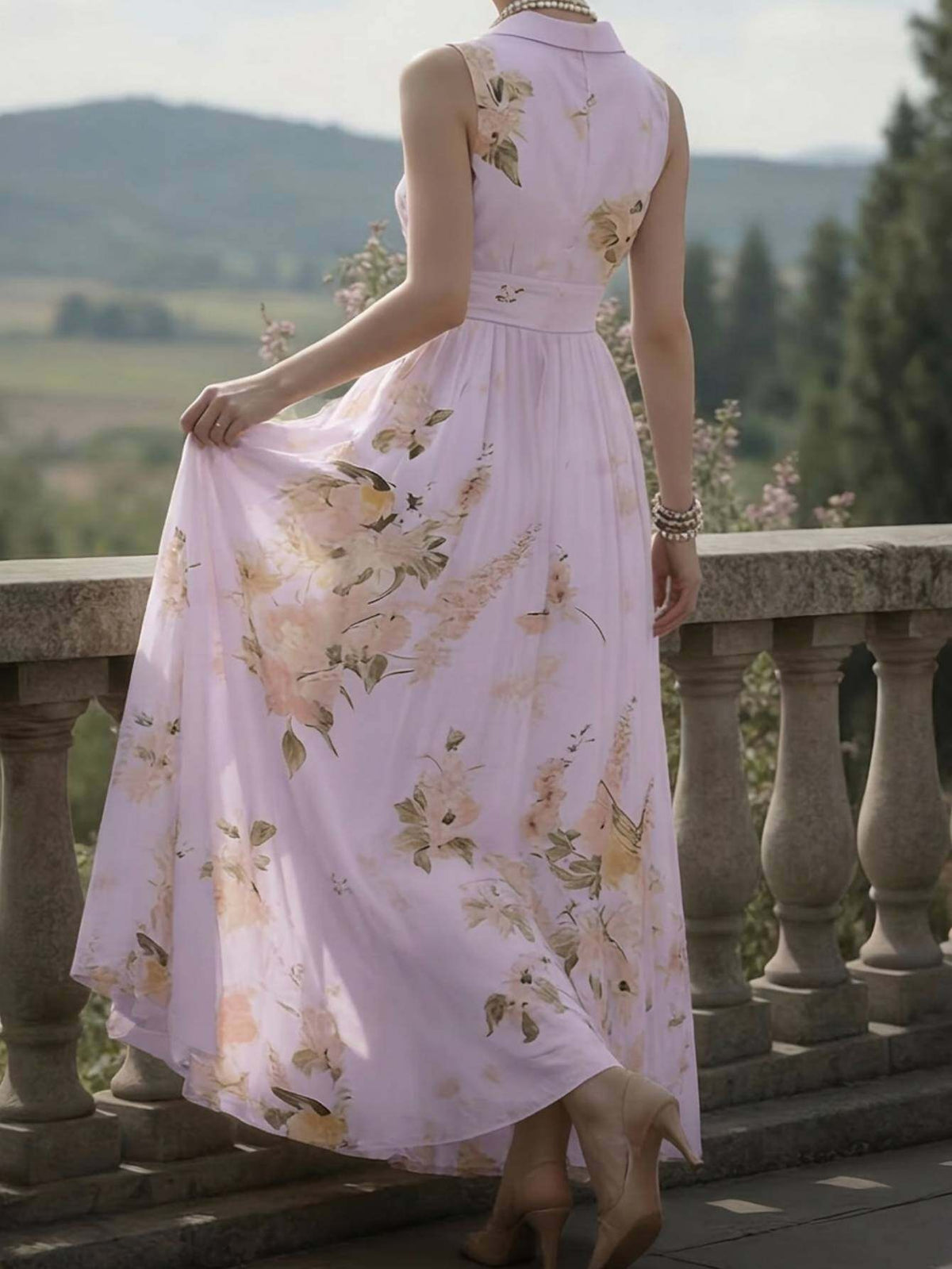 Vintage Print Lapel Dress Women Sleeveless Waist-Cinching Elegant A-Line Dress Spring Summer Date Afternoon Tea Semi-Formal Dress S-XXL