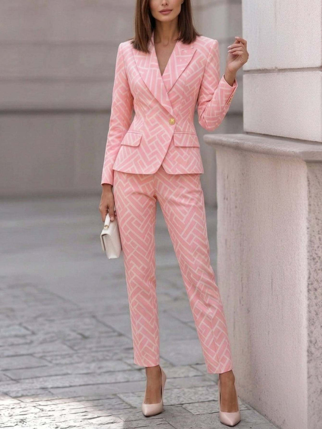 Pink Geometric Jacquard Blazer and Flared Pants 2-Piece Set Women Waist-Tailored Elegant Office Light Luxury All Season S-XXL