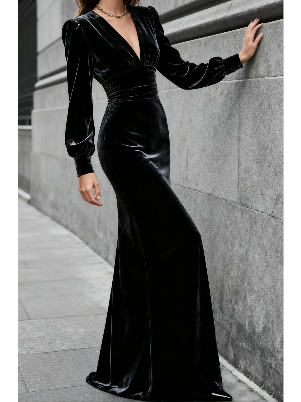Black Velvet Deep V-Neck Fitted Floor Length Dress Women Formal Evening Party Gown Fall Winter Elegant S-XXL