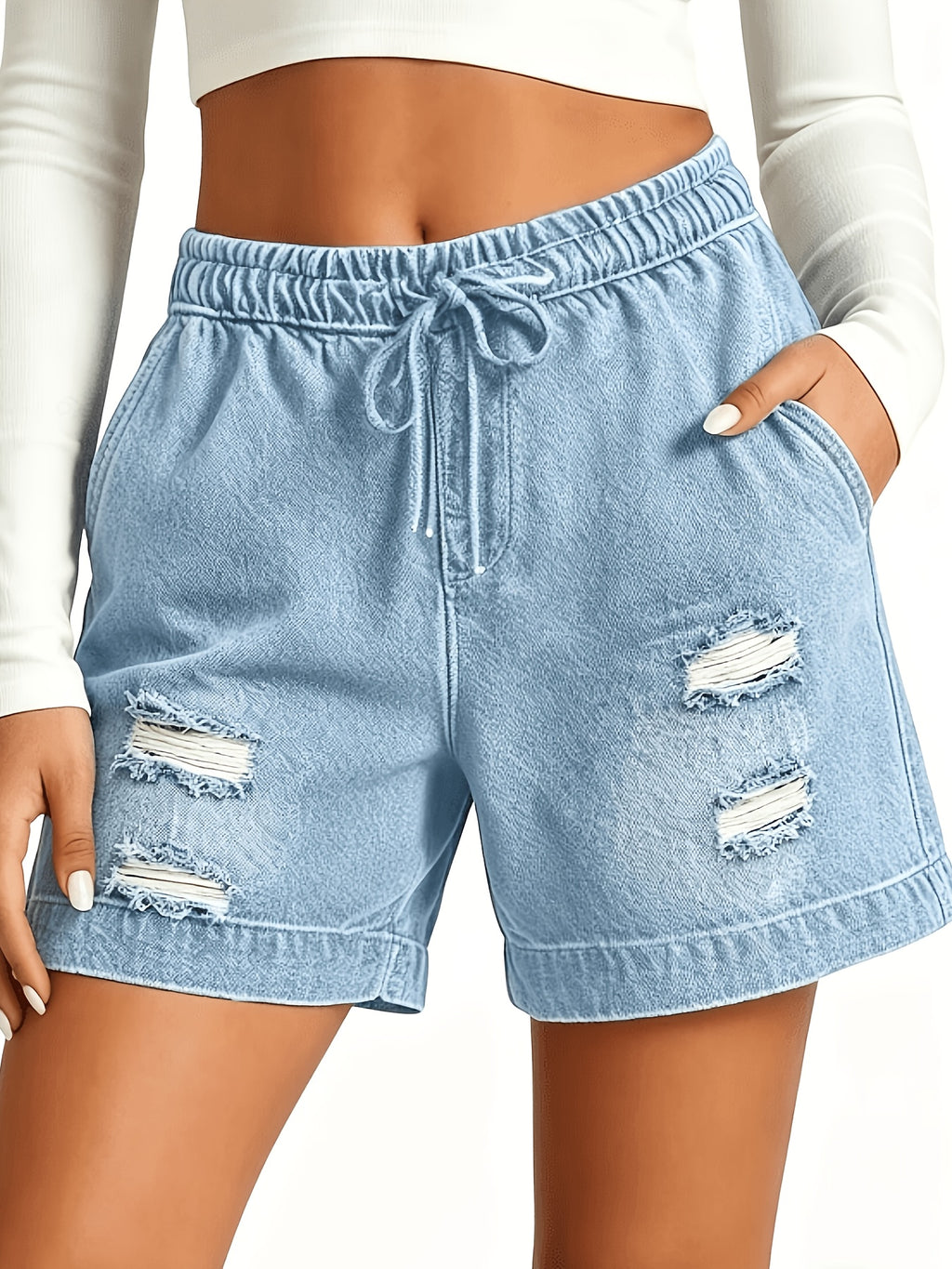 Ripped Denim Shorts Women Elastic Waist Drawstring Loose Casual Summer Pockets 4 Colors S-XXL