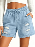 Ripped Denim Shorts Women Elastic Waist Drawstring Loose Casual Summer Pockets 4 Colors S-XXL