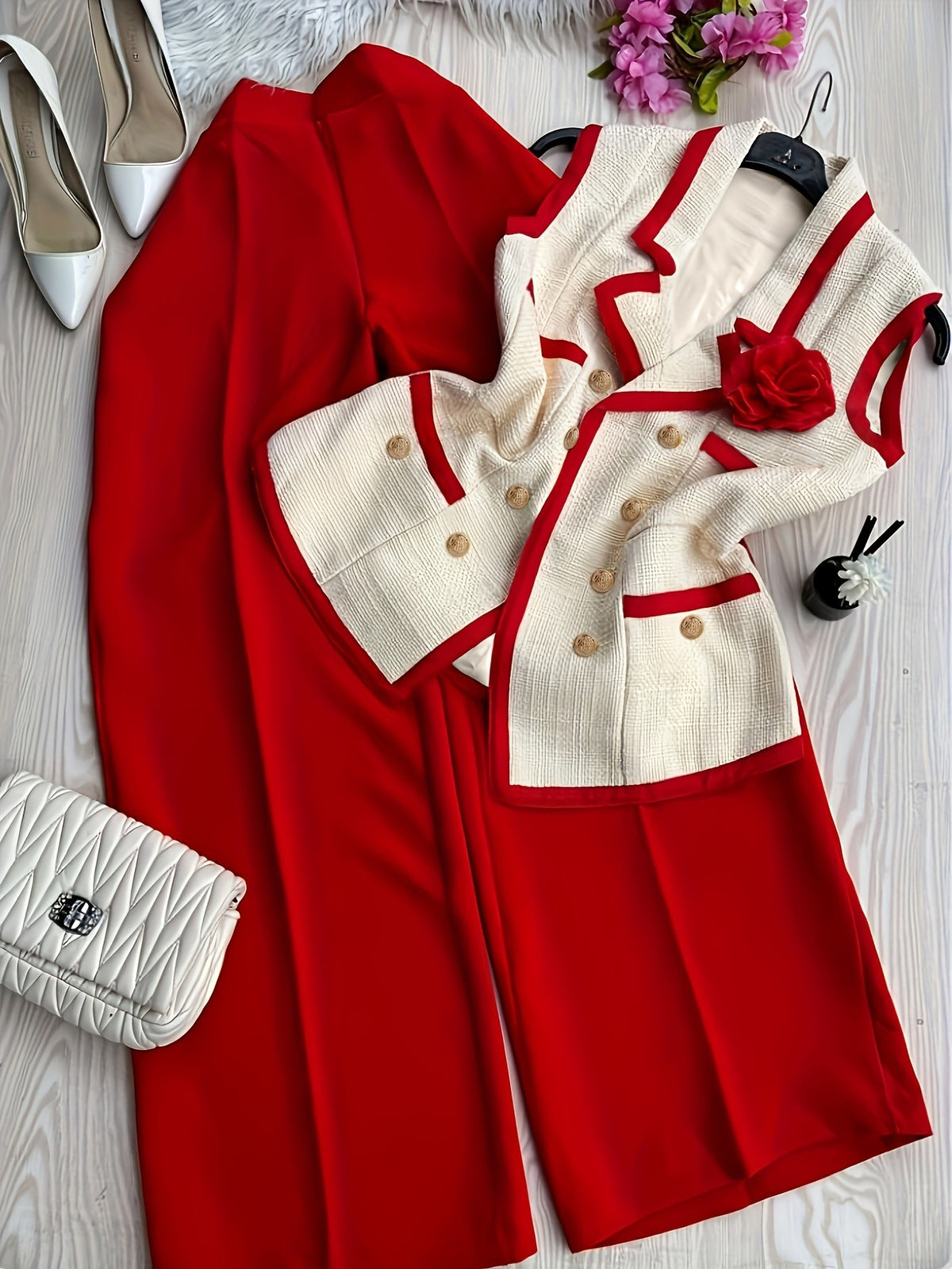 Blazer and Pencil Skirt Set Women 2pcs Contrast Collar White Blue Office Business Formal Outfit Fall Winter S-XL
