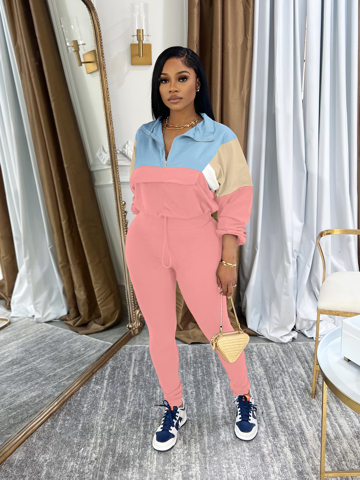 Lapel Crew Neck Sweatsuit Set for Women – Half-Zip Long Sleeve Sweatshirt & Sweatpants 2-Piece Casual Outfit, Solid Color Fall Winter Loungewear