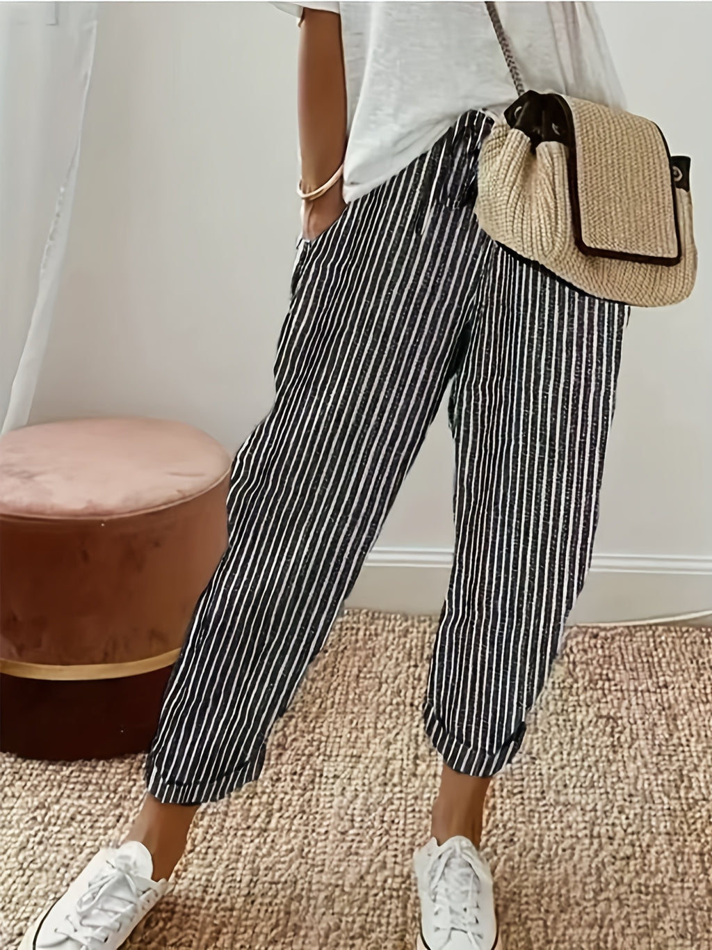 High Waist Wide Leg Pants Women Side Stripe 3/4 Length Casual Lightweight Polyester Relaxed Fit All Season Sporty Trousers