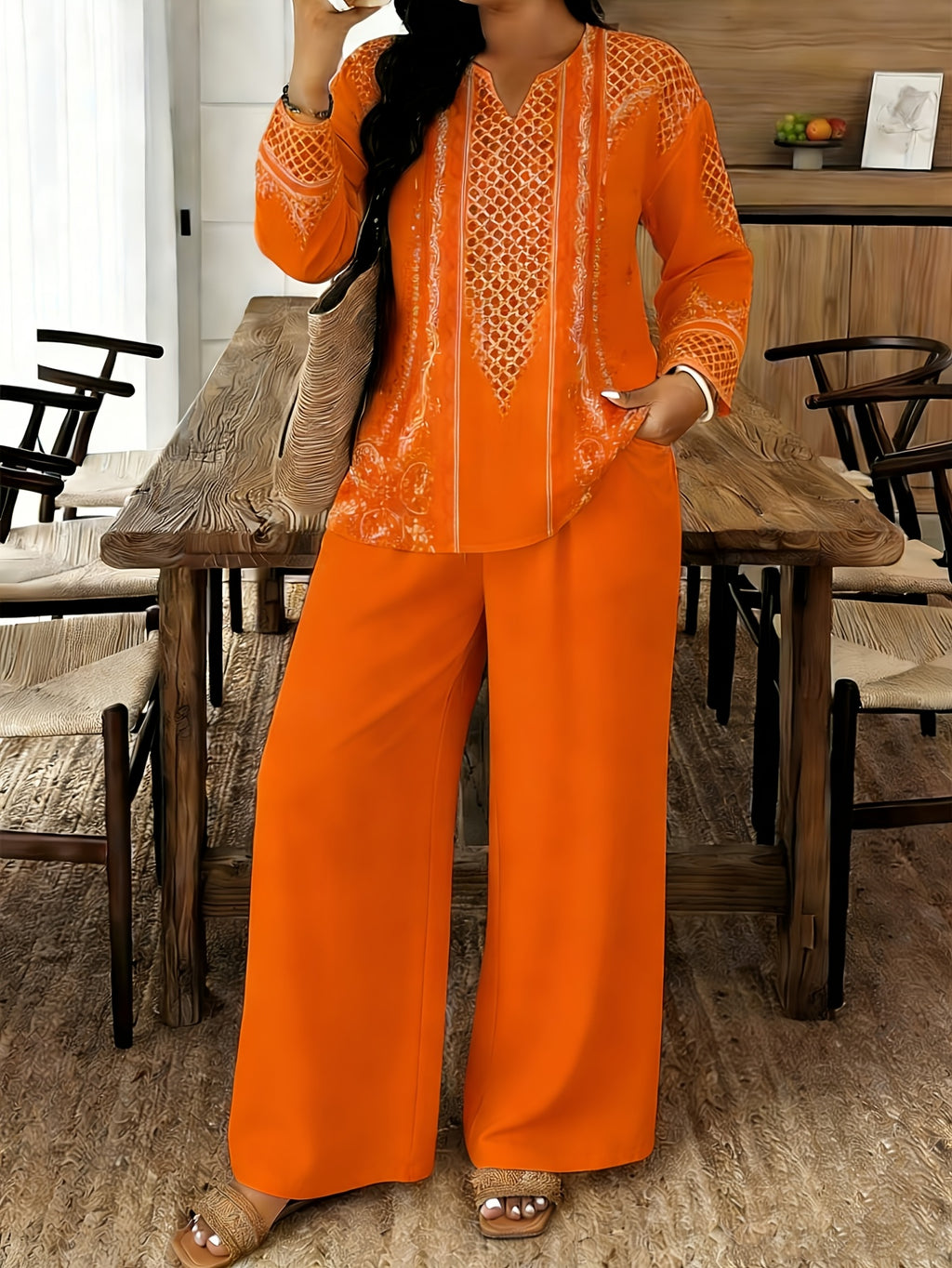 Women's 2-Piece Long Sleeve Printed Pants Set V-Neck Top Spring Summer Elegant Casual Outfit S-XXL