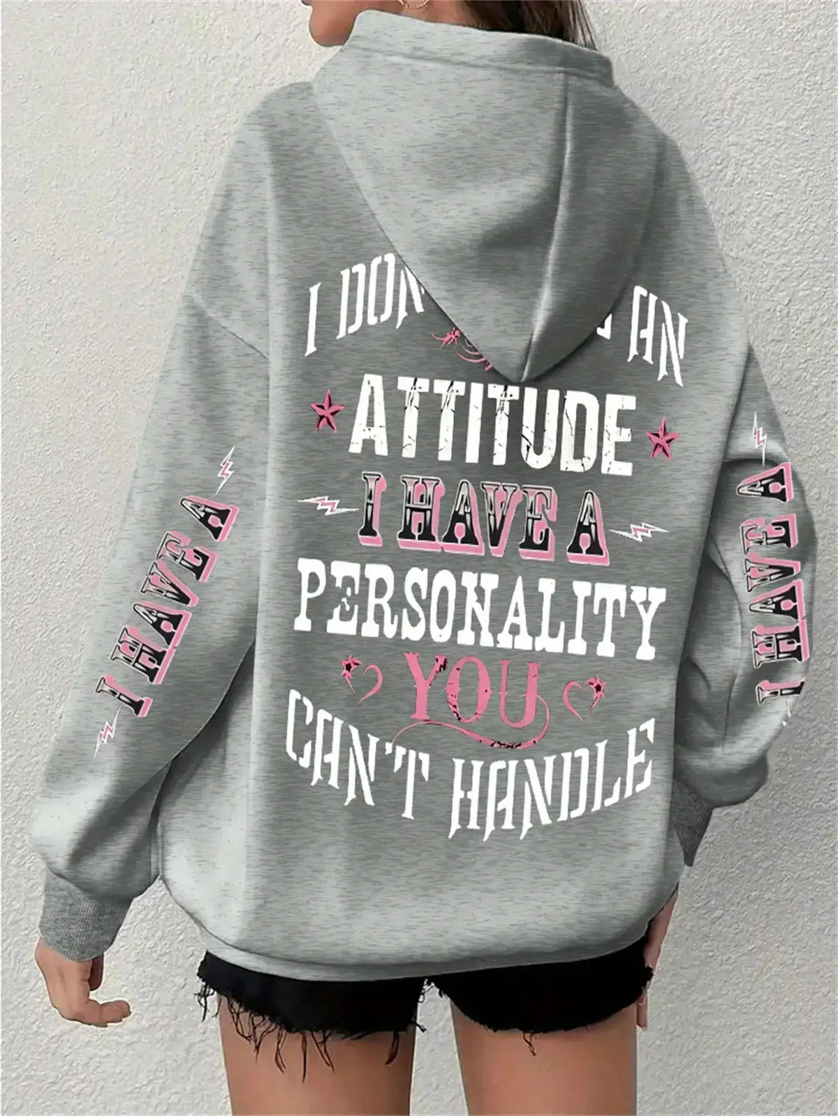Funny Sassy Quote Hoodie Women Full Body Print Pullover Sweatshirt Attitude Personality Statement Fall Winter Violet Apricot Grey