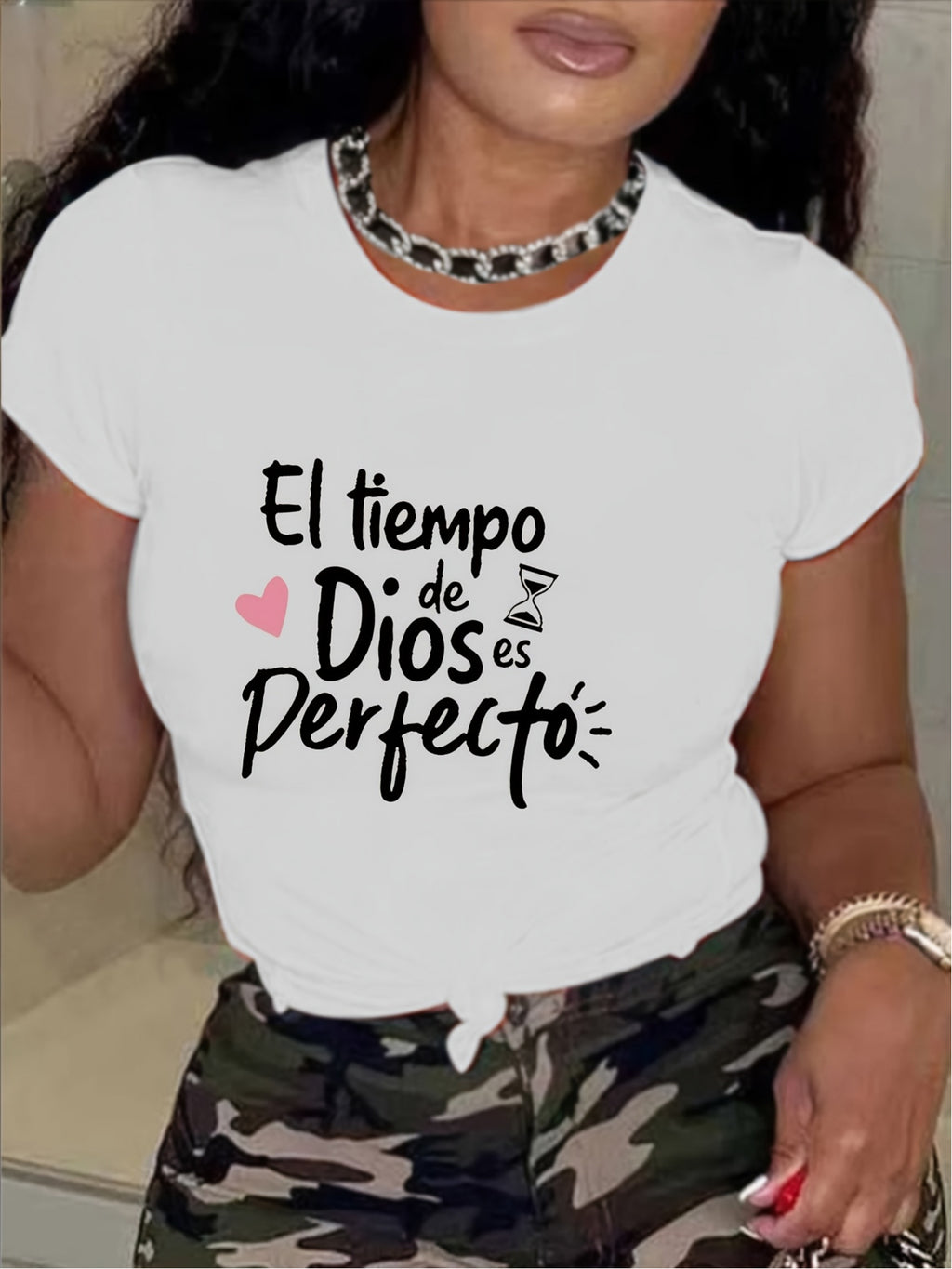 Olive Green Inspirational Graphic T-Shirt for Women – "God's Timing is Perfect" Letter Print Short Sleeve Casual Top, Soft Stretchy Machine Washable