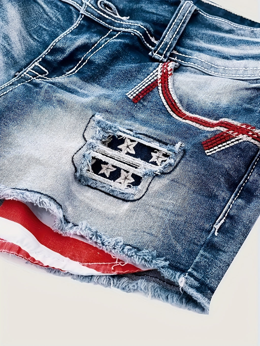 Stretch Denim Shorts for Women - Retro Color Block Embroidery Mid Rise Slim Fit, Built-In Zipper Machine Washable Cotton Blue Casual Jean Shorts for Spring Summer