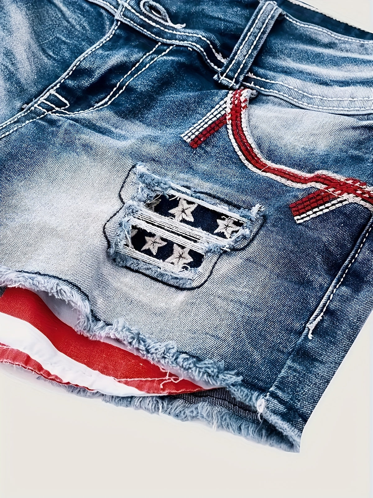 Stretch Denim Shorts for Women - Retro Color Block Embroidery Mid Rise Slim Fit, Built-In Zipper Machine Washable Cotton Blue Casual Jean Shorts for Spring Summer