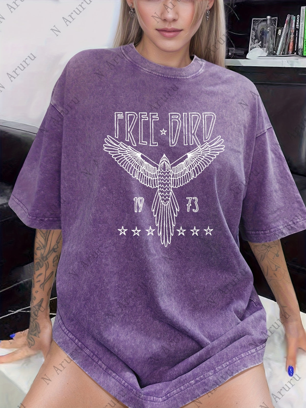Women's Free Bird Graphic T-Shirt Washed Retro Round Neck Short Sleeve Thick 230g Street Style Casual Tee