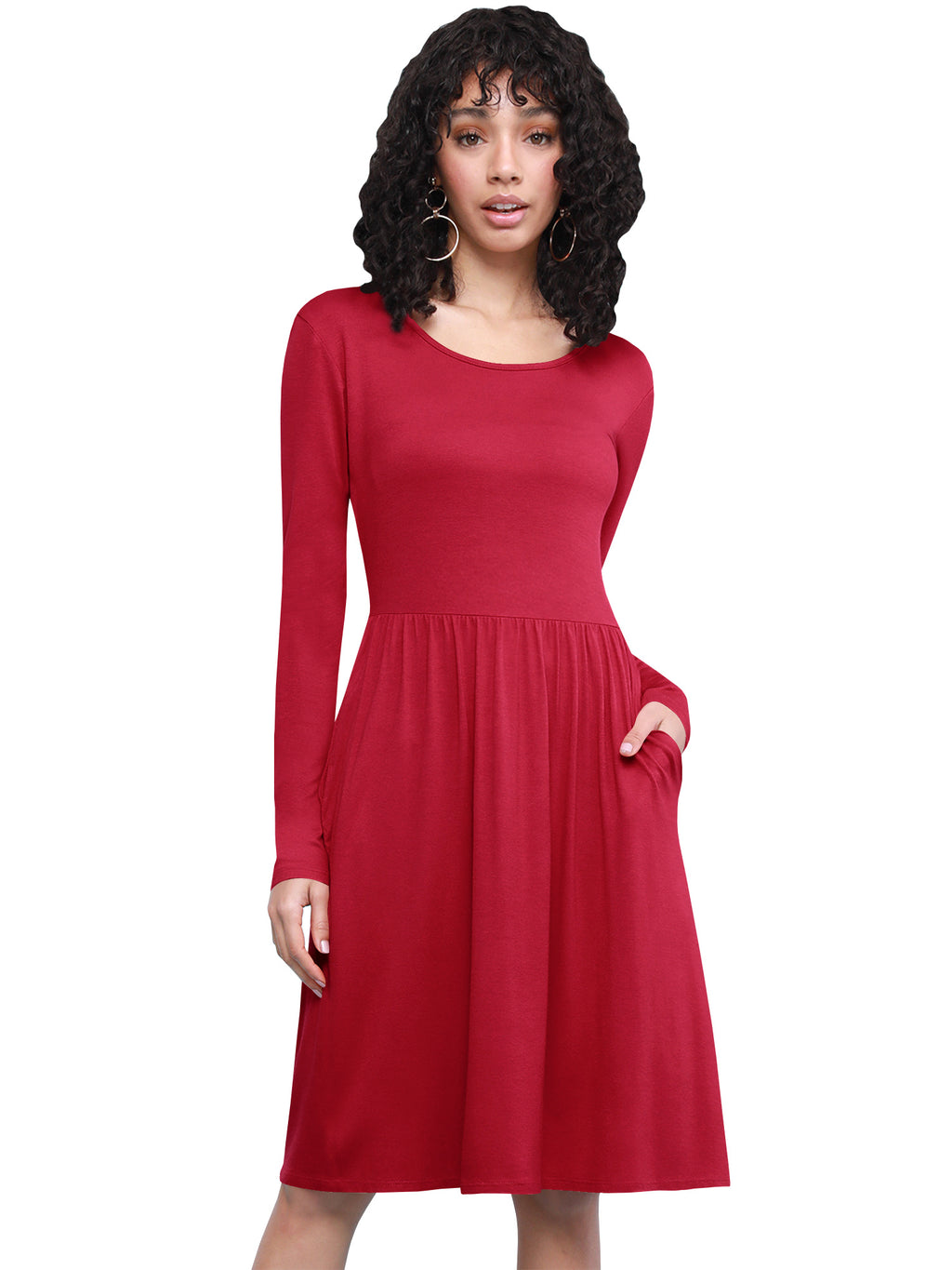 Long Sleeve Flowy Dress with Pockets Women Casual Soft Breathable Relaxed Fit Everyday Dress 18 Colors S-XXL