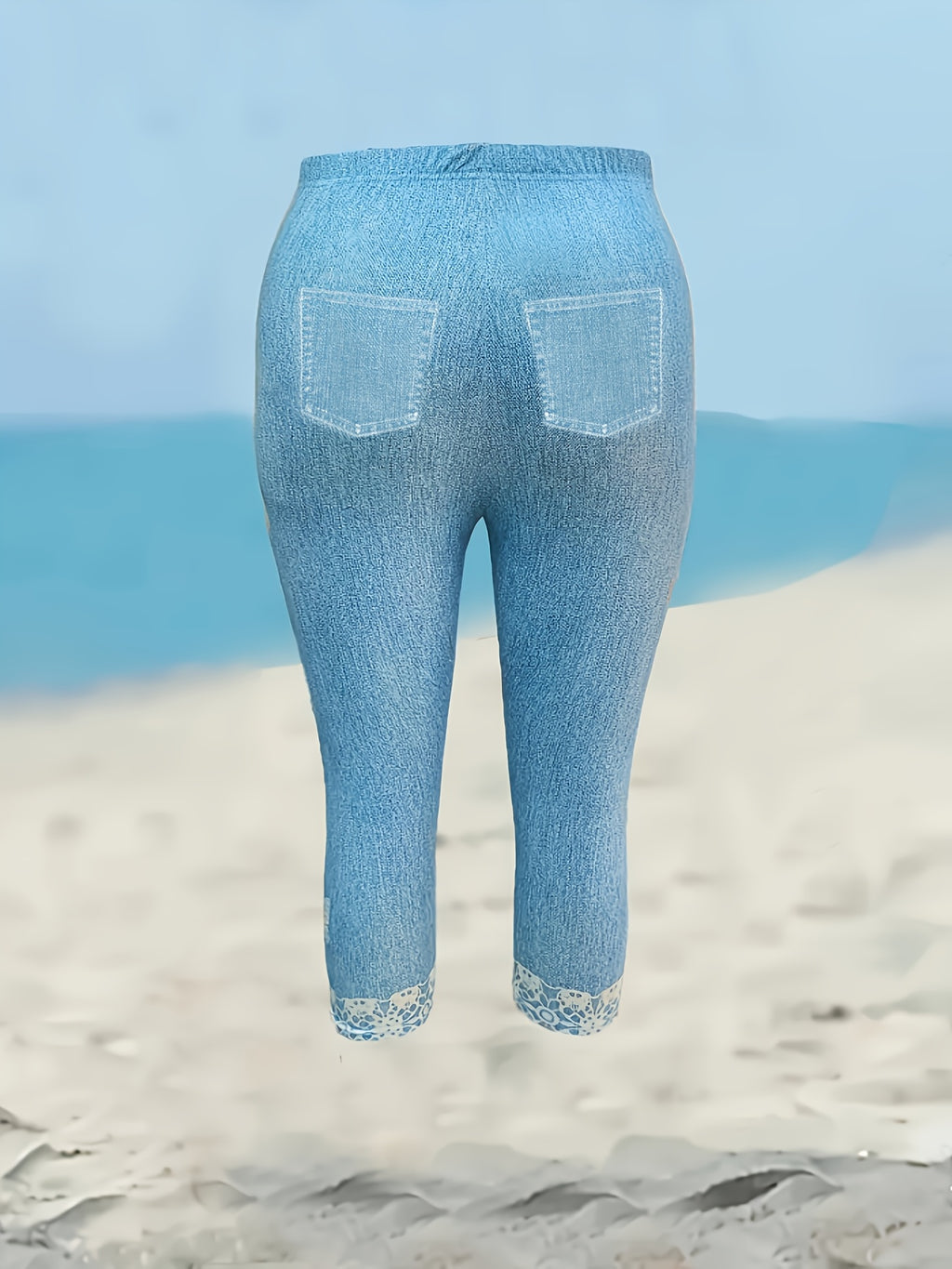 Butterfly Print Denim Style Capri Leggings Women Lace Trim Slim Fit Mid Length Sky Blue S M L XL XXL