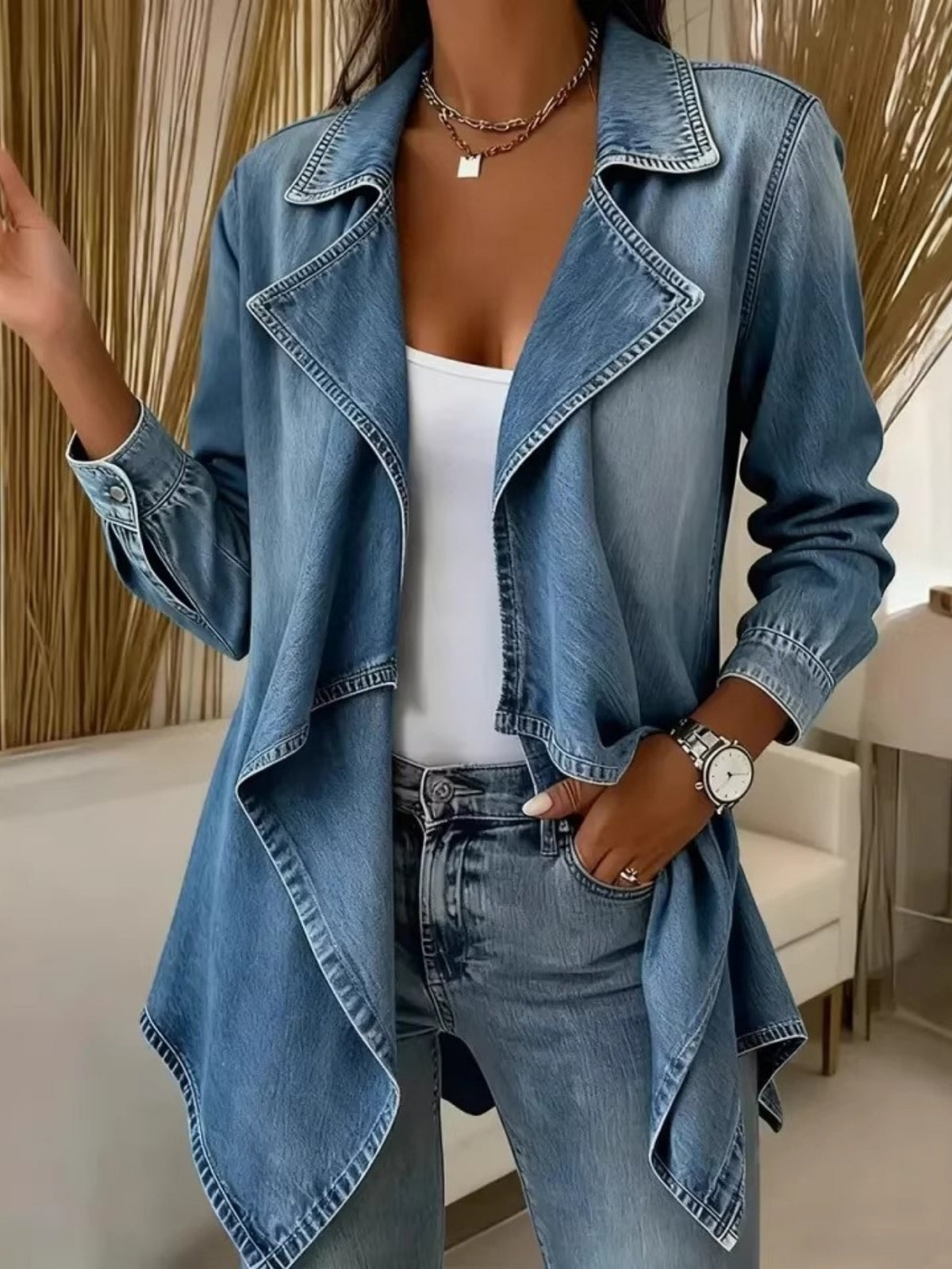 Asymmetric Lapel Irregular Hem Denim Cardigan Women Drapey Blazer Jacket Light Wash Soft Loose Dark Gray Light Blue