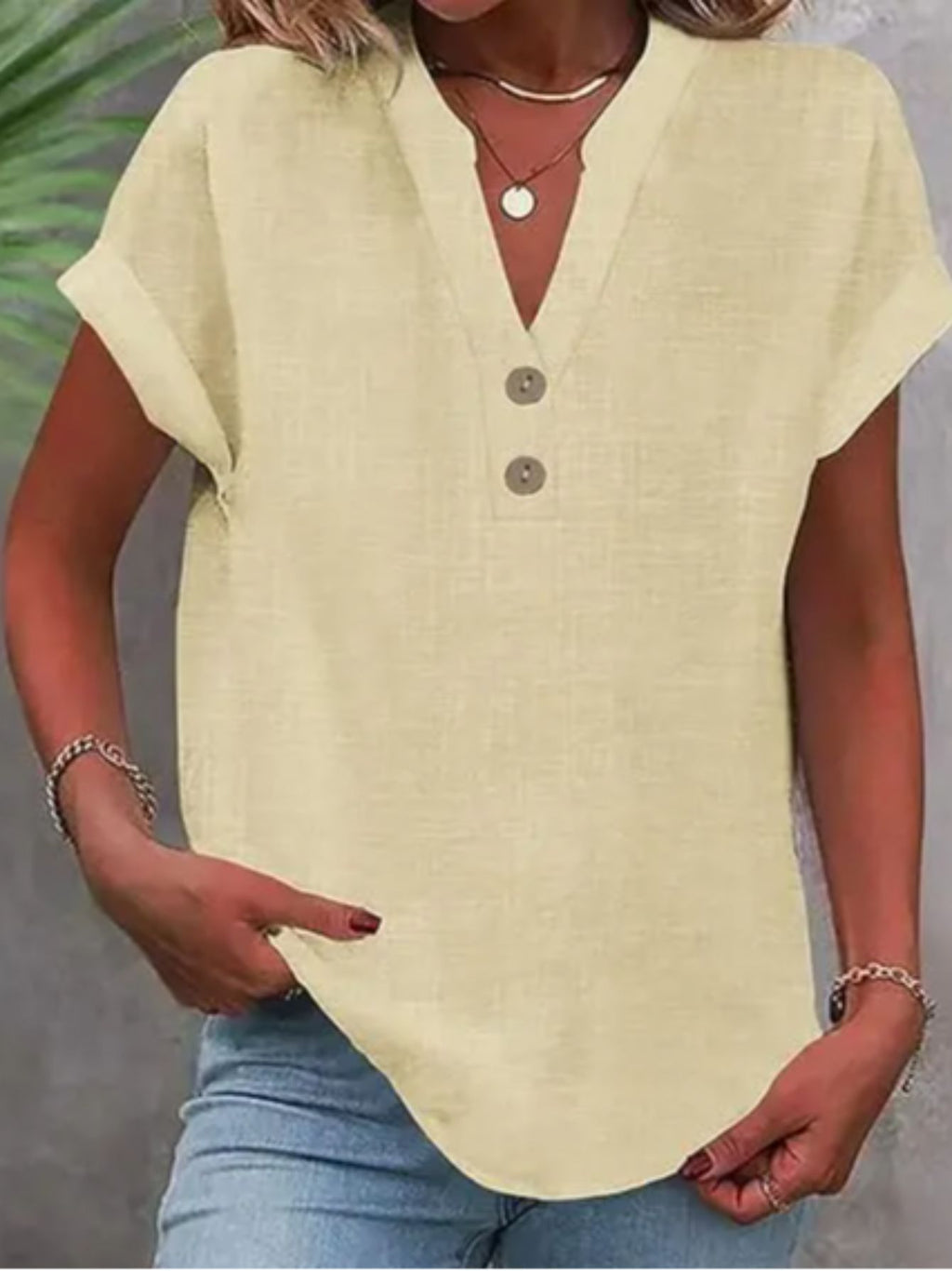 V-Neck Button Placket Tee Women Solid Color Short Sleeve Casual Summer Top Lightweight Breathable 15 Colors S-XXL
