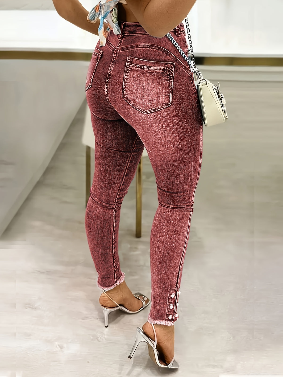 High Waist Distressed Butt Lifting Jeans Women Pearl Diamond Button Slim Fit Washed Raw Hem Denim Pants Powder Blue Brick Red Khaki S-XXL