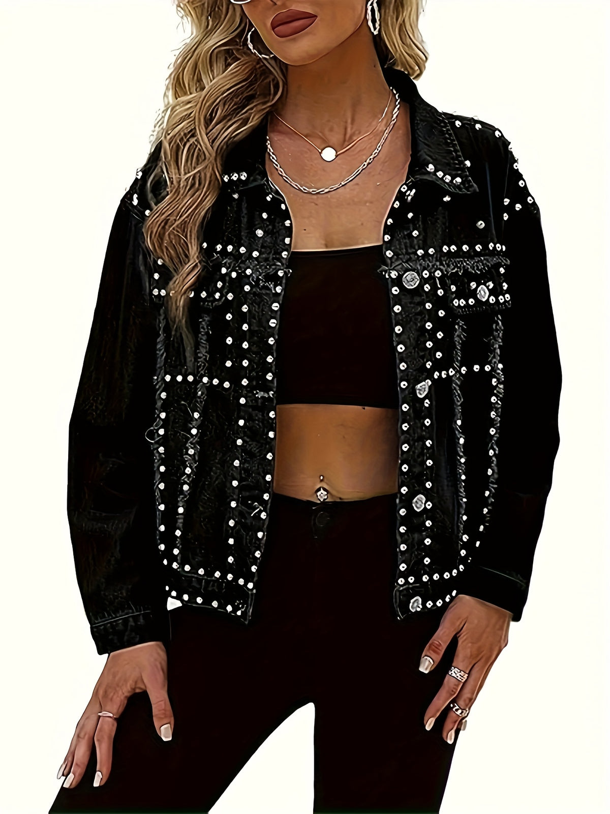 Studded Denim Jacket Women Vintage Biker Style Loose Fit Heavy Washed Non-Stretch Outerwear Fall Winter All Season Trendy Coat