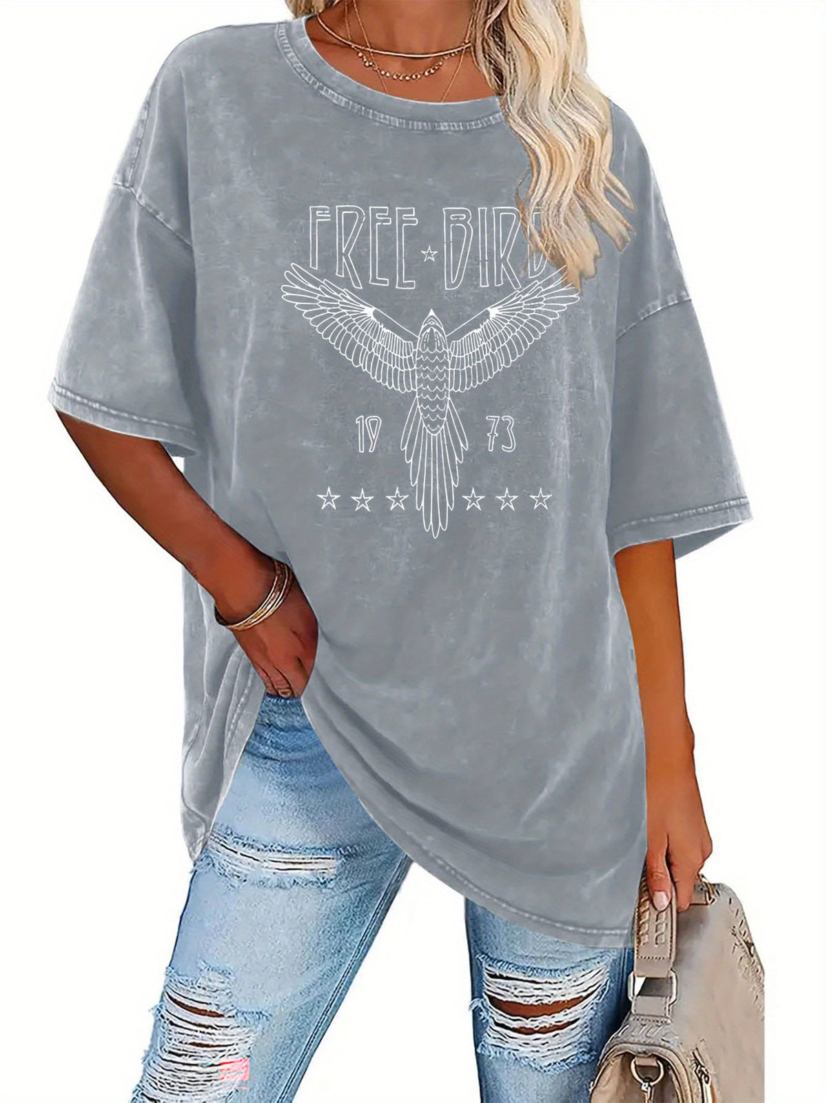 Women's Free Bird Graphic T-Shirt Washed Retro Round Neck Short Sleeve Thick 230g Street Style Casual Tee