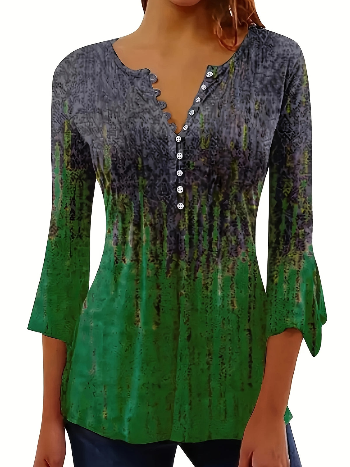 Ethnic Graphic Print T-Shirt Women Vintage Button Front Crew Neck Casual Boho Tee Spring Summer S-XXL