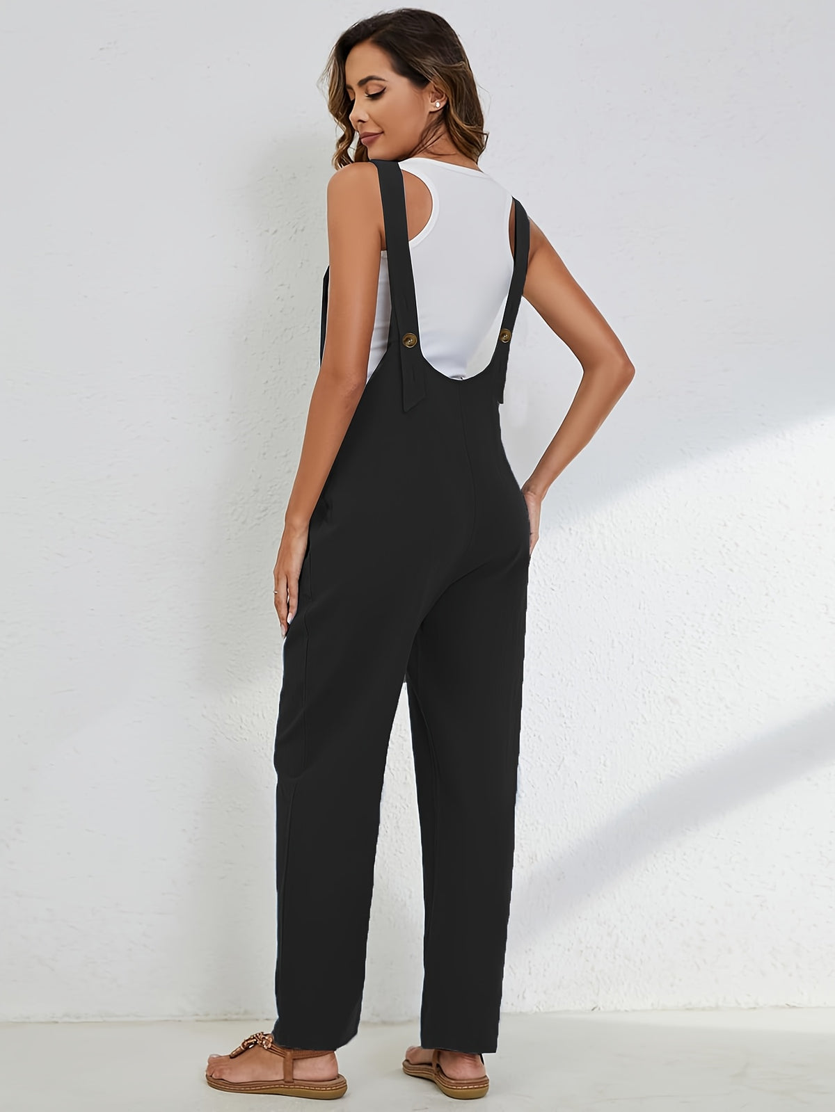 Linen Jumpsuit Women Wide Leg Casual Loose Overalls with Pockets Sleeveless Adjustable Strap Summer Palazzo Pants Romper Beige Black XS-XXL