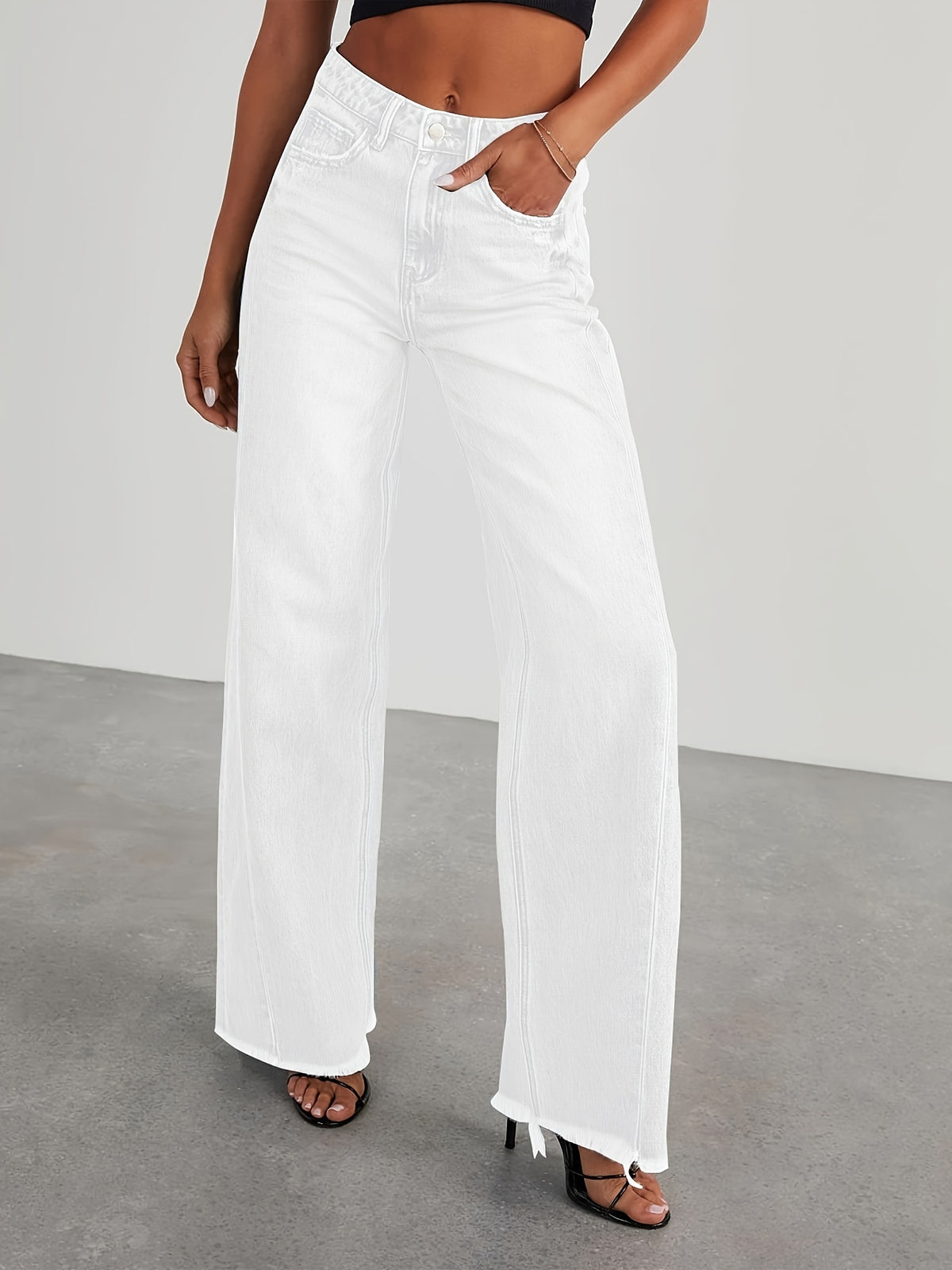 High-Waisted Wide Leg Jeans for Women - Casual Baggy Stretch Denim Pants with Pockets, Relaxed Fit Solid Color Trousers for Everyday & Weekend Wear
